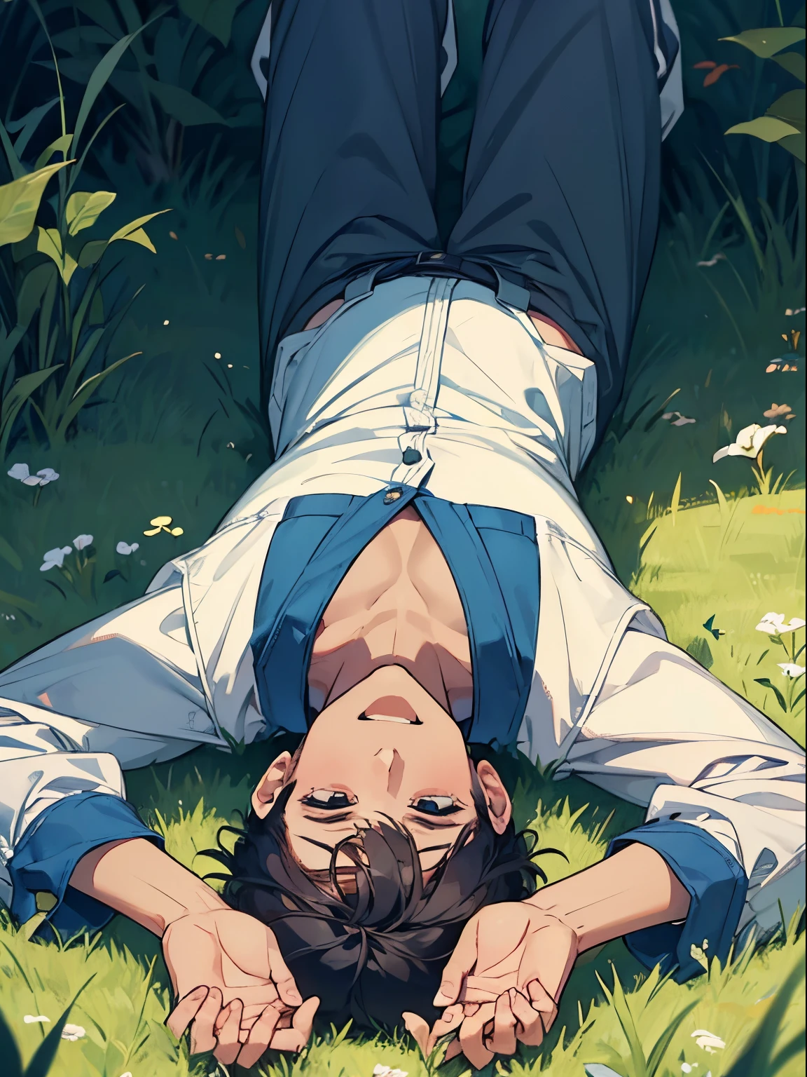 ((boy)),handsome Man lying in the grass ,upside-down,