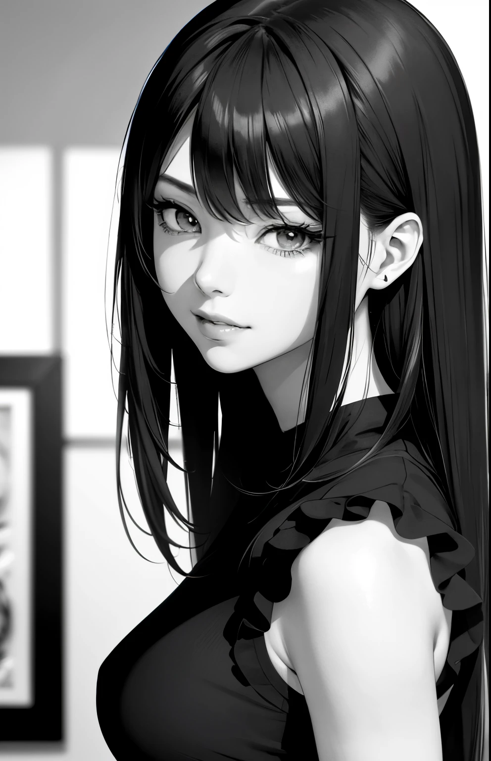Monochrome grayscale, ​masterpiece、top-quality、hight resolution、High-quality images、8K, 1 woman、skin gloss、Texture of skin and clothing、Detailed eye expression、Lustrous hair、pencil painting、Drawing of a girl with long hair, Manga inspired by Lee Jong-suk, trending on deviantart, Realism, detailed manga style, manga art style, perfect lineart, beautiful line art, ((black and white manga style, in style of manga, Pencil drawing)), comic drawing style, beautiful drawing style, high quality sketch art, High quality sketching, digital manga art girl, kpop idol, t-shirt, detailed brown eyes, plump lips, detailed gorgeous face, (cute smile), view from viewer, medium breasts, flirtatious look, seductive, ((very detailed)), (perfectly detailed face), (well detailed hand) photorealistic image, japanese hime cut hairstyle, cowboy shot