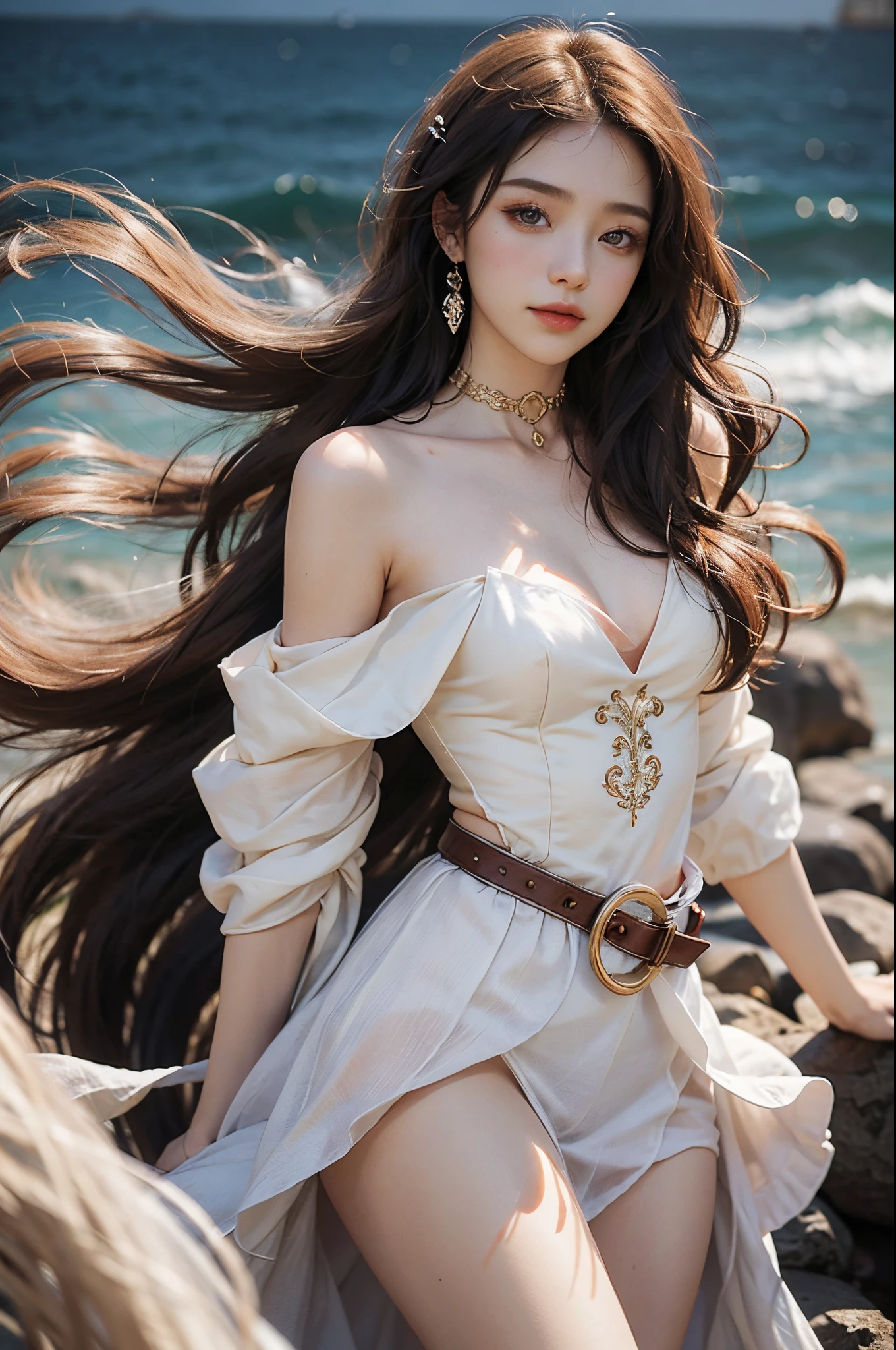 ((realistic)), a young girl, beautiful age girl, White gauze dress, draped in silk, Floral, high-waist, Nice belt, cropped shoulders, slim, Slimming the waist, high-heels, Shy, grin, 耳Nipple Ring、choker necklace、Hairpins,Heavy makeup,Gorgeous eye makeup,extremely beautiful eyes, golden hair, curlies, Long flowing hair, early evening, eventide, beachside, On the beach, walking in sea water, Flirting skirts, Ruffle your hair, posed for photo, posing elegantly, Random shooting angle, warm lights, a warm color palette, Professional lighting, フォトンマッピング, ラジオシティ, Physically-based rendering, RAW photos, Best quality, beauitful face, Beautiful skins, Attractive, 超高分辨率, ultra real photo