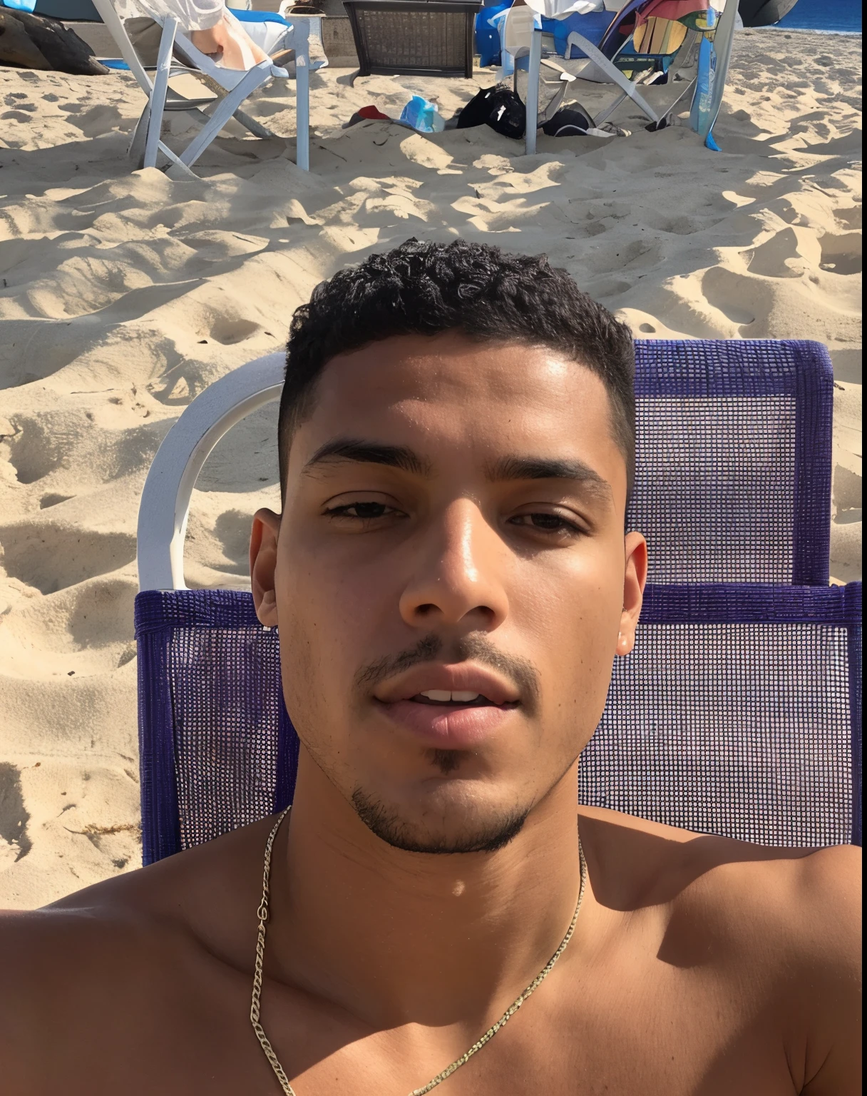 There's a man sitting in a chair on the beach, taken in the early 2020s, em torno de 1 9 anos, vacation photo, na praia, maximus jacobs, Adrien Girod, No estilo de Tyler Mitchell, album photo, Riyahd Cassiem, foto de perfil, na praia, foto de perfil, na praia, em uma praia