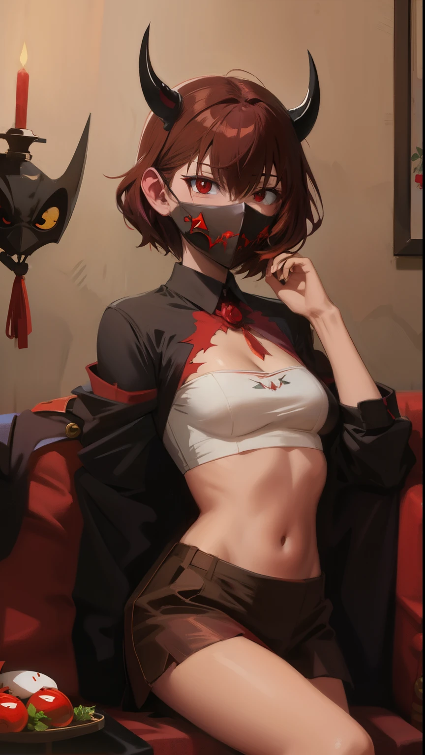 Anime style woman wearing devil mask and short sleeve red outfit sitting on sofa, Dimly lit room