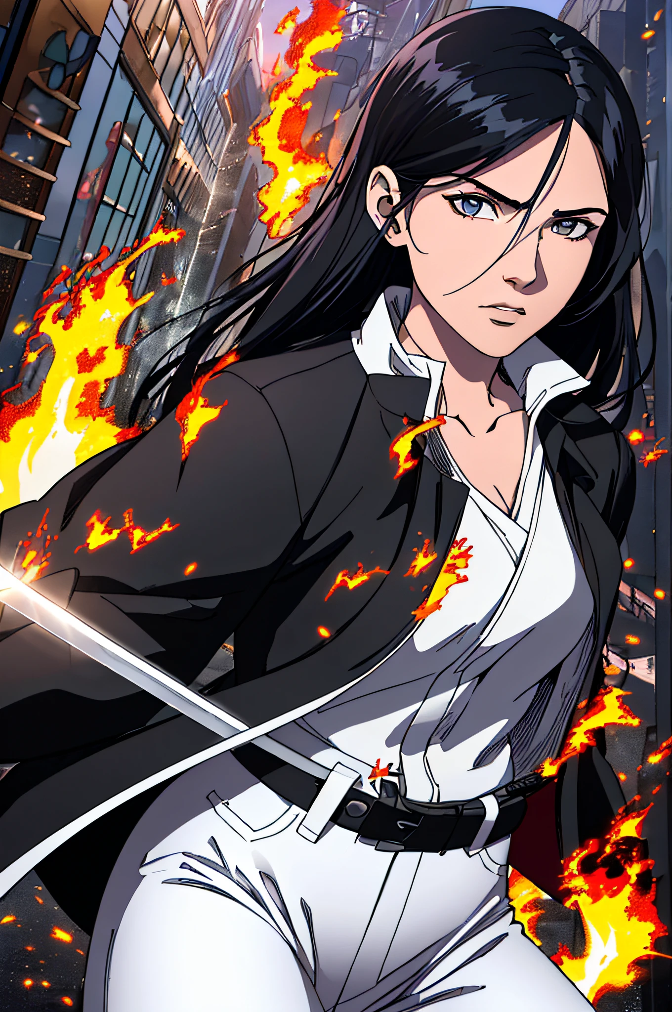 top-quality、Top image quality、​masterpiece、hiquality、Beautiful Art、masutepiece、visualart、depth of fields、femele((15yo student、A slender、Black jacket、White pants、Medium bust、fire lasers from the eyes、Japanese Katana Sword、Long Black Hair)),Background with((shopping street、battle field、)),