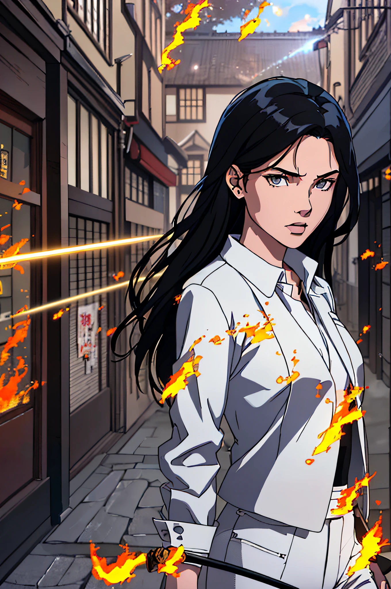 top-quality、Top image quality、masterpiece、hiquality、Beautiful Art、masutepiece、visualart、depth of fields、femele(( student、A slender、Black jacket、White pants、Medium bust、fire lasers from the eyes、Japanese Katana Sword、Long Black Hair)),Background with((shopping street、battle field、)),