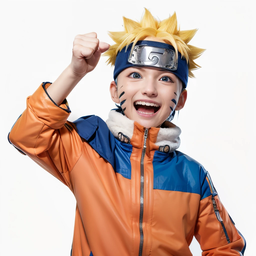 Arafed smiling blonde boy with a blue forehead protector and a jacket, naruto, naruto uzumaki, from naruto,
