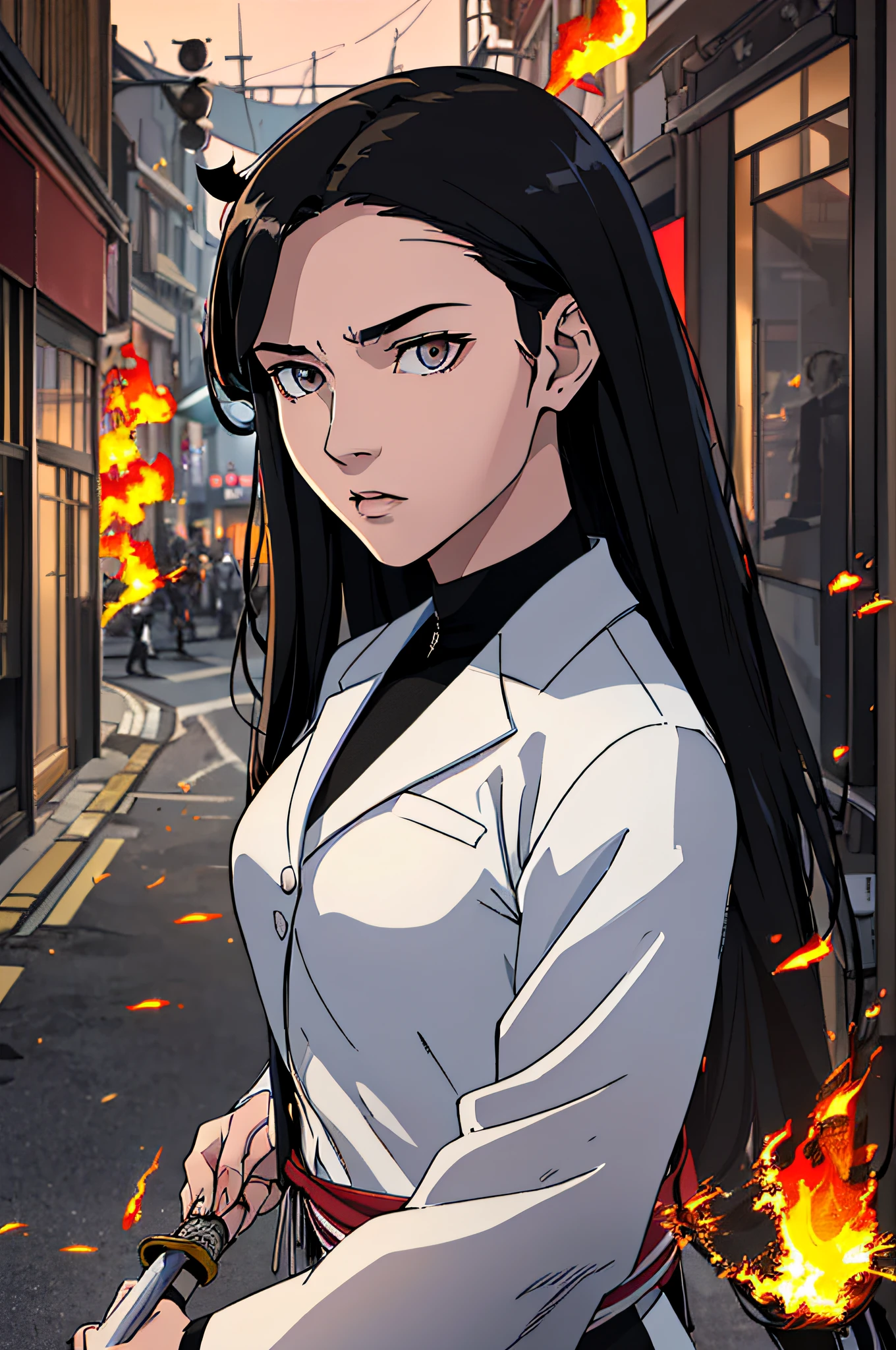 top-quality、Top image quality、masterpiece、hiquality、Beautiful Art、masutepiece、visualart、depth of fields、femele((、A slender、Black jacket、White pants、Medium bust、fire lasers from the eyes、Japanese Katana Sword、Long Black Hair)),Background with((shopping street、battle field、)),