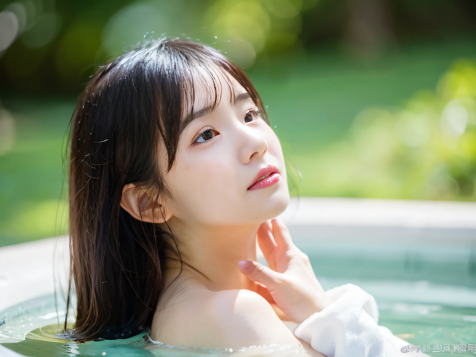 Highest quality, masterpiece, Ultra-high resolution, Supermodels bathing in Japanese hot springs, Outdoor hot spring, Stone hot spring, Moss and tree々Surrounded by, Super beautiful face, Pure Body, I can see my pores, (smile:0.8), Wearing split (lace headband:1.2), (realism:1.5), Original photo, Soaking wet, Sweaty, Bare shoulders, In the Dark, Deep Shadow, Low Key, Cold Light