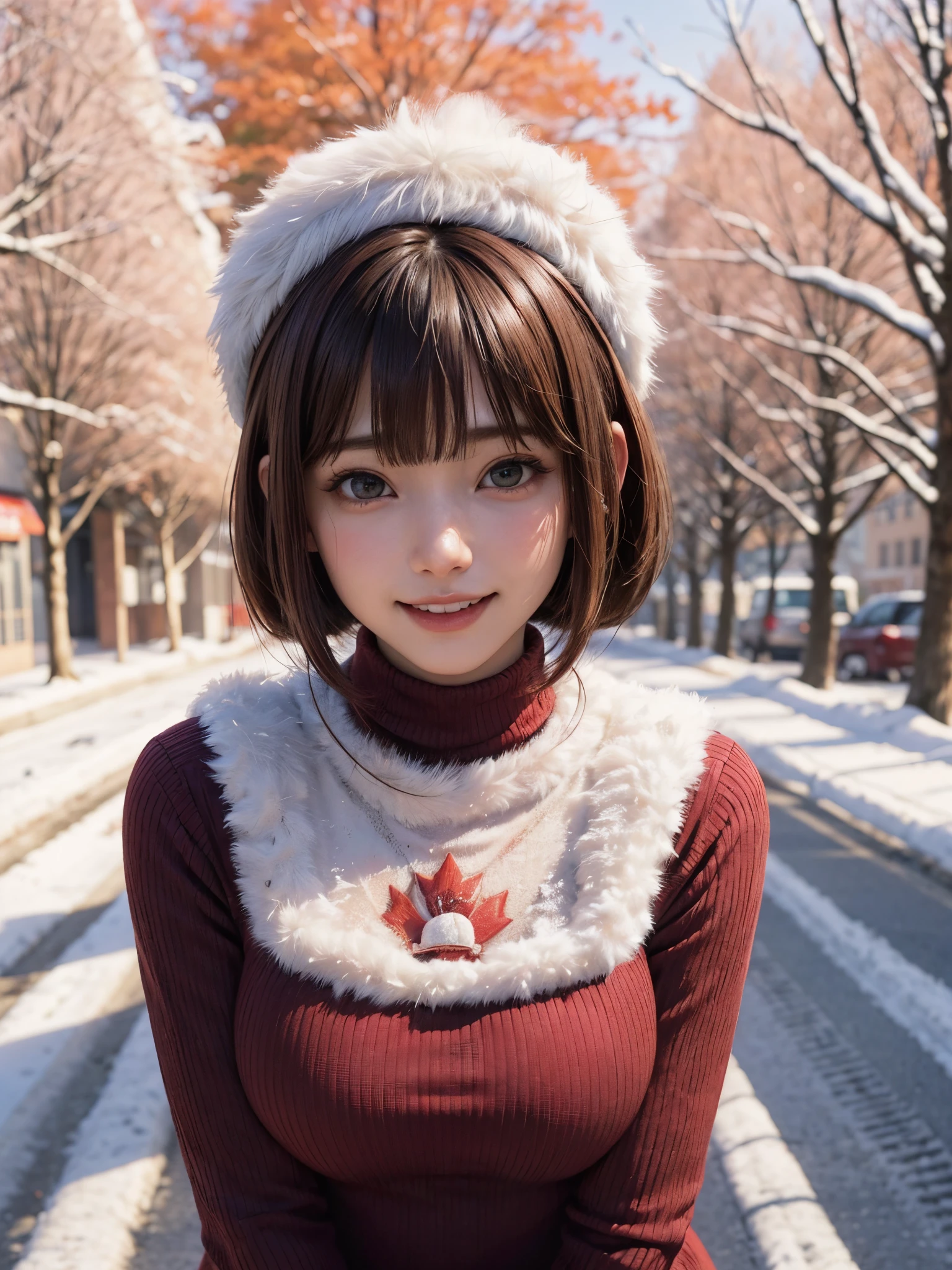 (masutepiece:1.4, top-quality、Very attractive adult beauty with a very cute smile:1.4、Add intense highlights to the eyes:1.4、Look firmly at the camera、Put your right hand on your chest、Beautiful woman full of adult charm:1.4),1girl in, 独奏, Light brown shiny hair, muffler,Santa Claus hat:1.4,realisitic, looking at the viewers, Bright colored crystal light blue eyes:1.4, short shiny hair, Santa Claus Starneck Knit、 Red and white costume of Santa Claus in a turtleneck with a round hole in the center of the chest:1.4,Sexy red and white turtleneck knit sweater with round hole in the center of chest:1.4、 s lips, lipgloss:1.4，bangss, The upper part of the body、big eye、Lashes、The face is a little red:1.4、Embarrassing)、((Canada's tree-lined streets in winter:1.4))、((Brunette's short bob hair with bangs、big eye、Put very strong highlights in your students:1.4、{Gigantic|Big|Huge|Mega} breasts:1.4、very Bigger breasts、gazing at viewer、Very beautiful beauty、Put your ears out:1.4、long neck:1.4、little smiling、Beautiful teeth、Open your mouth and smile:1.4))、28 year old:1.4、Very cute supermodel:1.4、