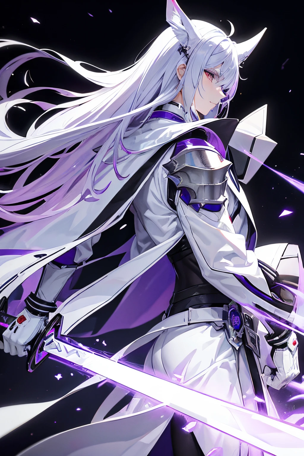 void swordman, scifi whip sword, white armor whit purple jacket, white long hair, male, white mask, remove ring from behide