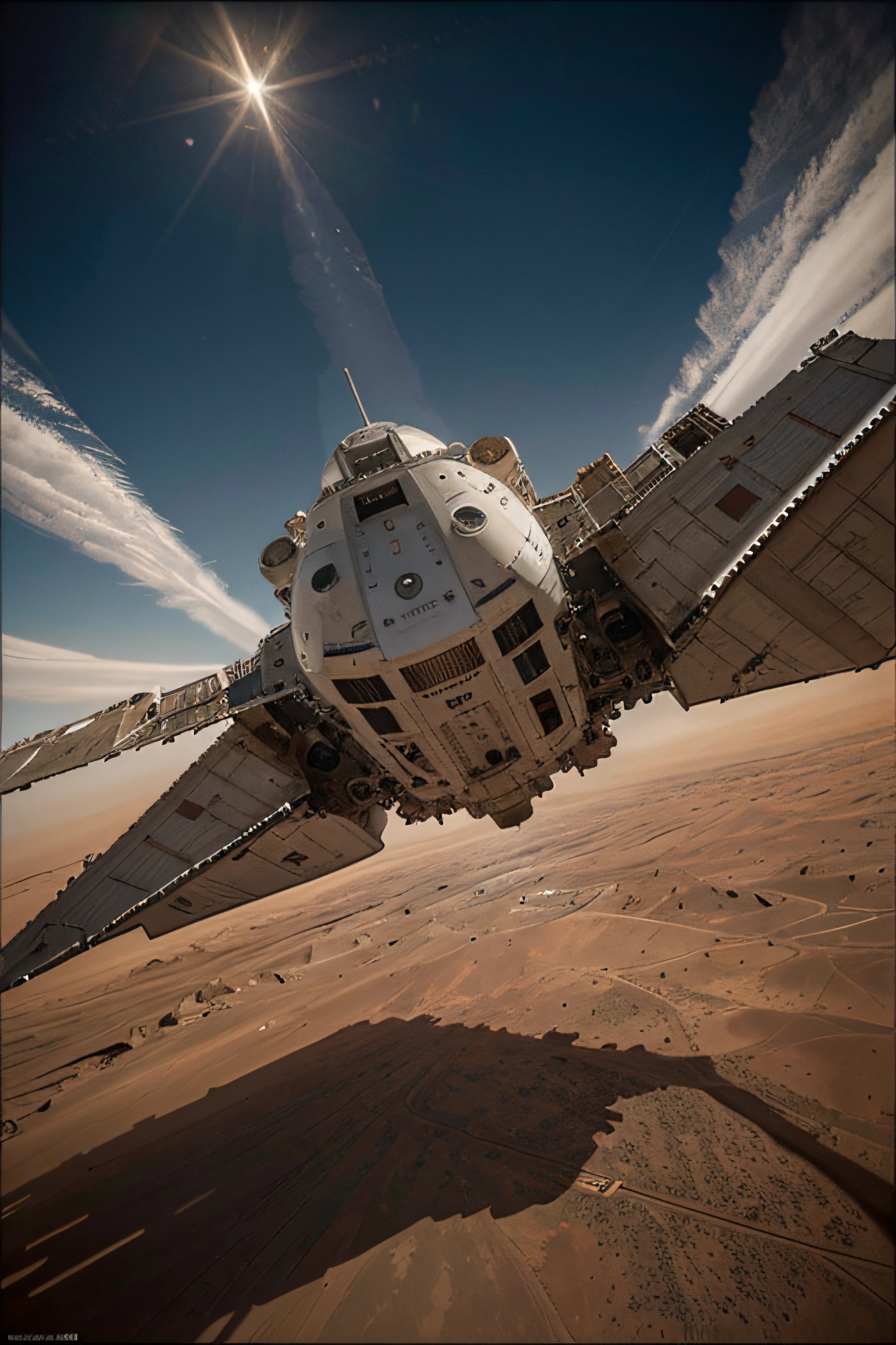 In the sky above Mars, the high-tech aircraft is docking with the space station. The metal texture is strong. The ultra-wide-angle lens makes the picture bright and realistic. The photography effect is