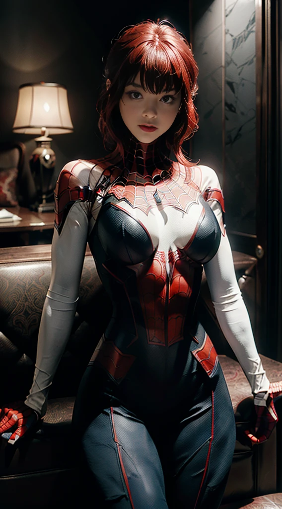(Extreme Detail CG Unity 8K wallpaper, masterpiece, highest quality), (Exquisite lighting and shadow, highly dramatic picture, Cinematic lens effect), a girl in a white Spider-Man costume, red hair color, big boobs, from the Spider-Man parallel universe, Wenger, Marvel, Spider-Man, sitting on the couch, dynamic pose), (excellent detail, excellent lighting, wide angle), (excellent rendering, enough to stand out in its class), focus on white Spider-Man costumes, complex spider textures