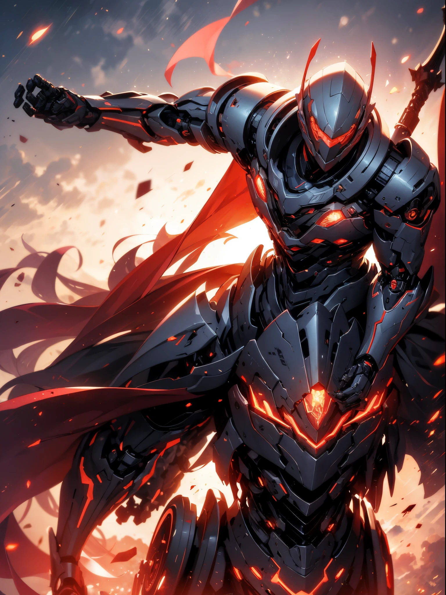 Masterpiece, Best quality, Realstic,Brillant,reflective,bioluminique, Galactic cybernetic mask,Mecha galactique rouge-vert,(assassin:1.2), Chevalier robotique, Pose de guerrier tueur, couronne,tenant une longue épée rouge brilliante,galaxie,Runes Rougeoyantes_rouge,corps complet,Cinemnatic,background dark,backlight,high contrast,