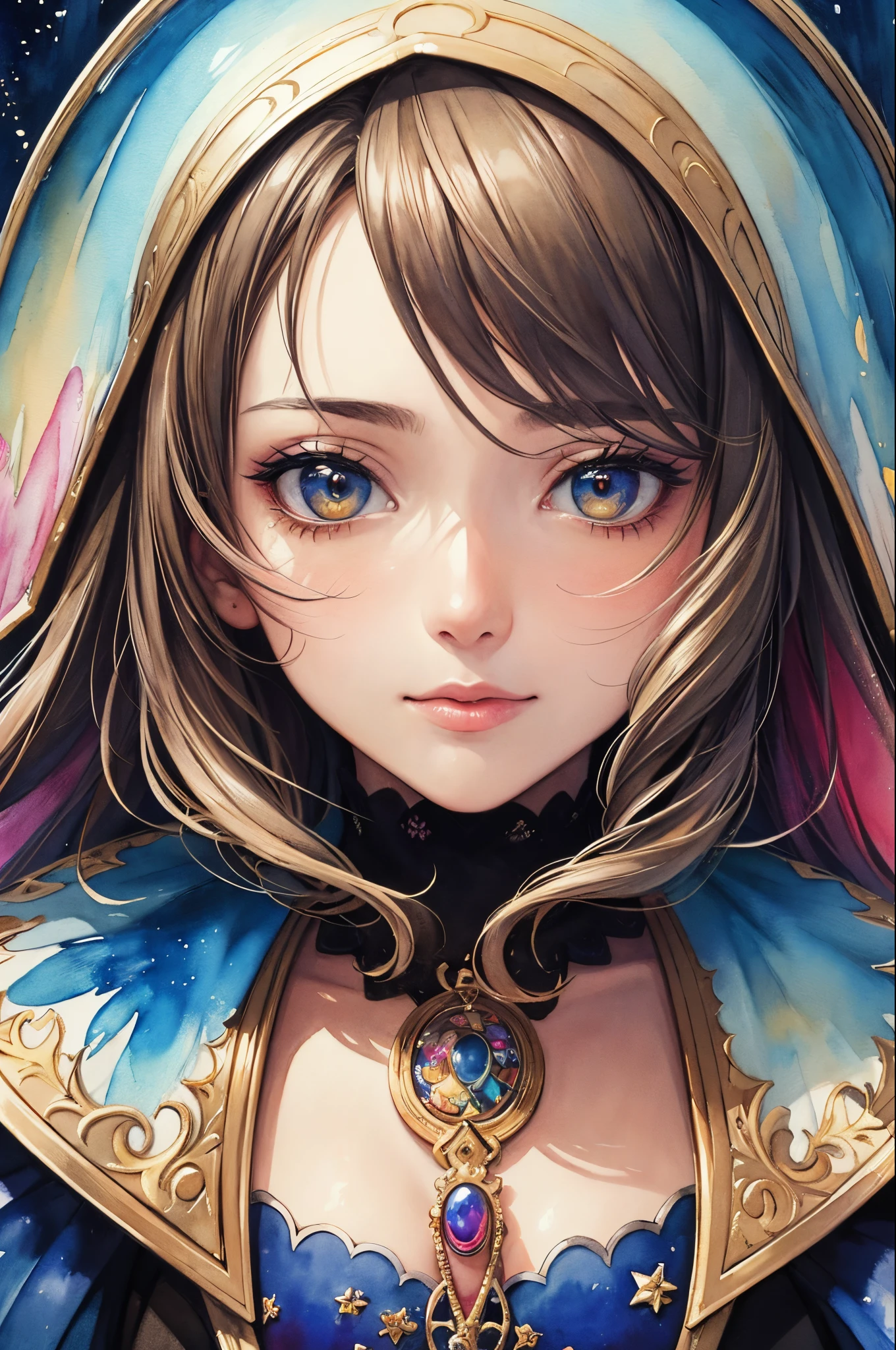 (high definition symmetrical image), (aerial angle, female, round face, small breasts, focus on breasts)), blond, braid, (complex patterned clothes around breasts and hip), (((art nouveau and impressionism))), (holding breast with her hand),