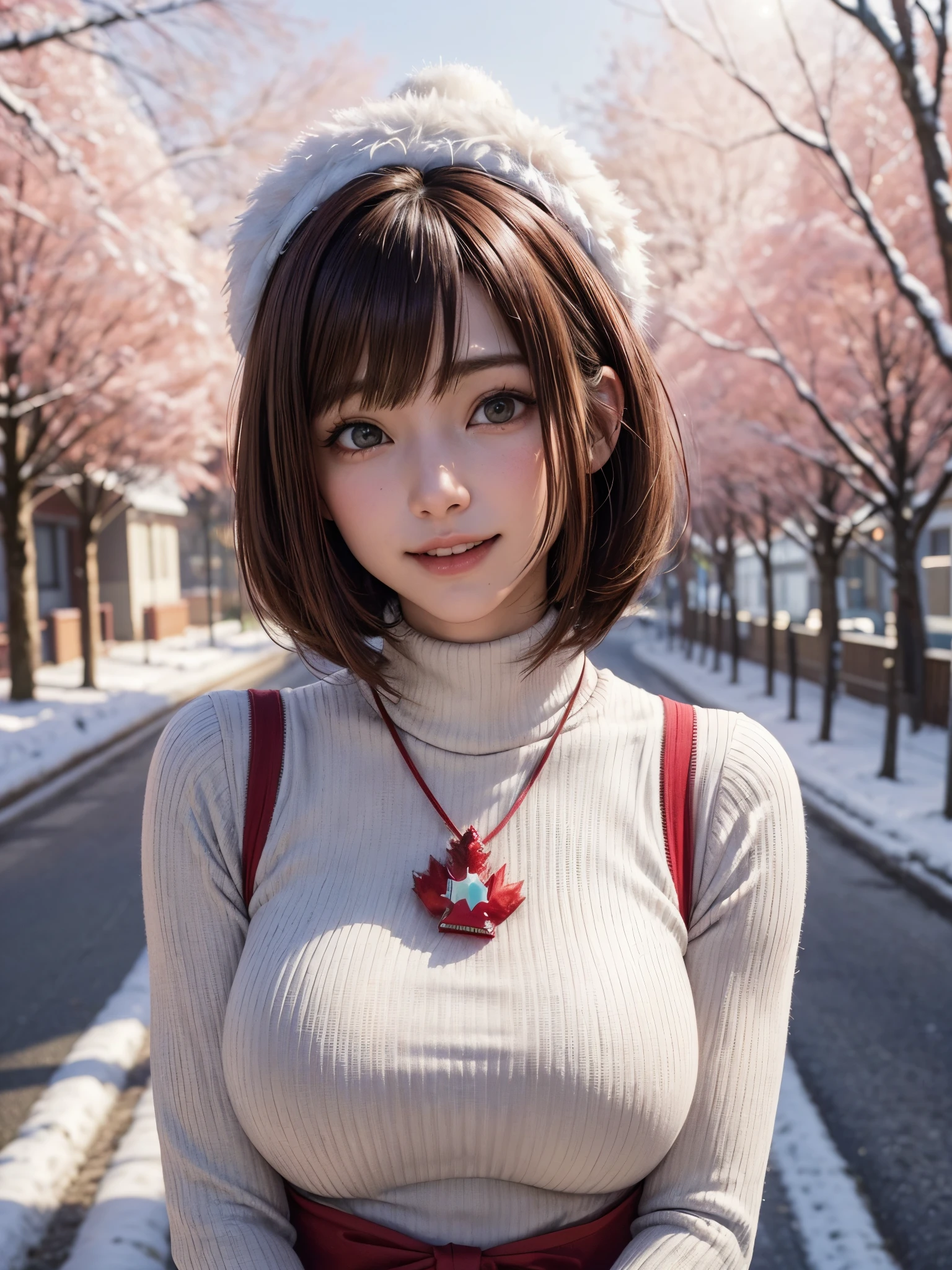 (masutepiece:1.4, top-quality、Very attractive adult beauty with a very cute smile:1.4、Add intense highlights to the eyes:1.4、Look firmly at the camera、Put your right hand on your chest、Beautiful woman full of adult charm:1.4),1girl in, 独奏, Light brown shiny hair, muffler,Santa Claus hat:1.4,realisitic, looking at the viewers, Bright colored crystal light blue eyes:1.4, short shiny hair, Santa Claus Starneck Knit、 Red and white costume of Santa Claus in a turtleneck with a round hole in the center of the chest:1.4,Sexy red and white turtleneck knit sweater with round hole in the center of chest:1.4、 s lips, lipgloss:1.4,bangss, The upper part of the body、big eye、Lashes、The face is a little red:1.4、Embarrassing)、((Canada's tree-lined streets in winter:1.4))、((Brunette short bob hair with bangs、big eye、Put very strong highlights in your students:1.4、{Gigantic|Big|Huge|Mega} breasts:1.4、very Bigger breasts、gazing at viewer、Very beautiful beauty、Put your ears out:1.4、long neck:1.4、little smiling、Beautiful teeth、Open your mouth and smile:1.4))、28 year old:1.4、Very cute supermodel:1.4、