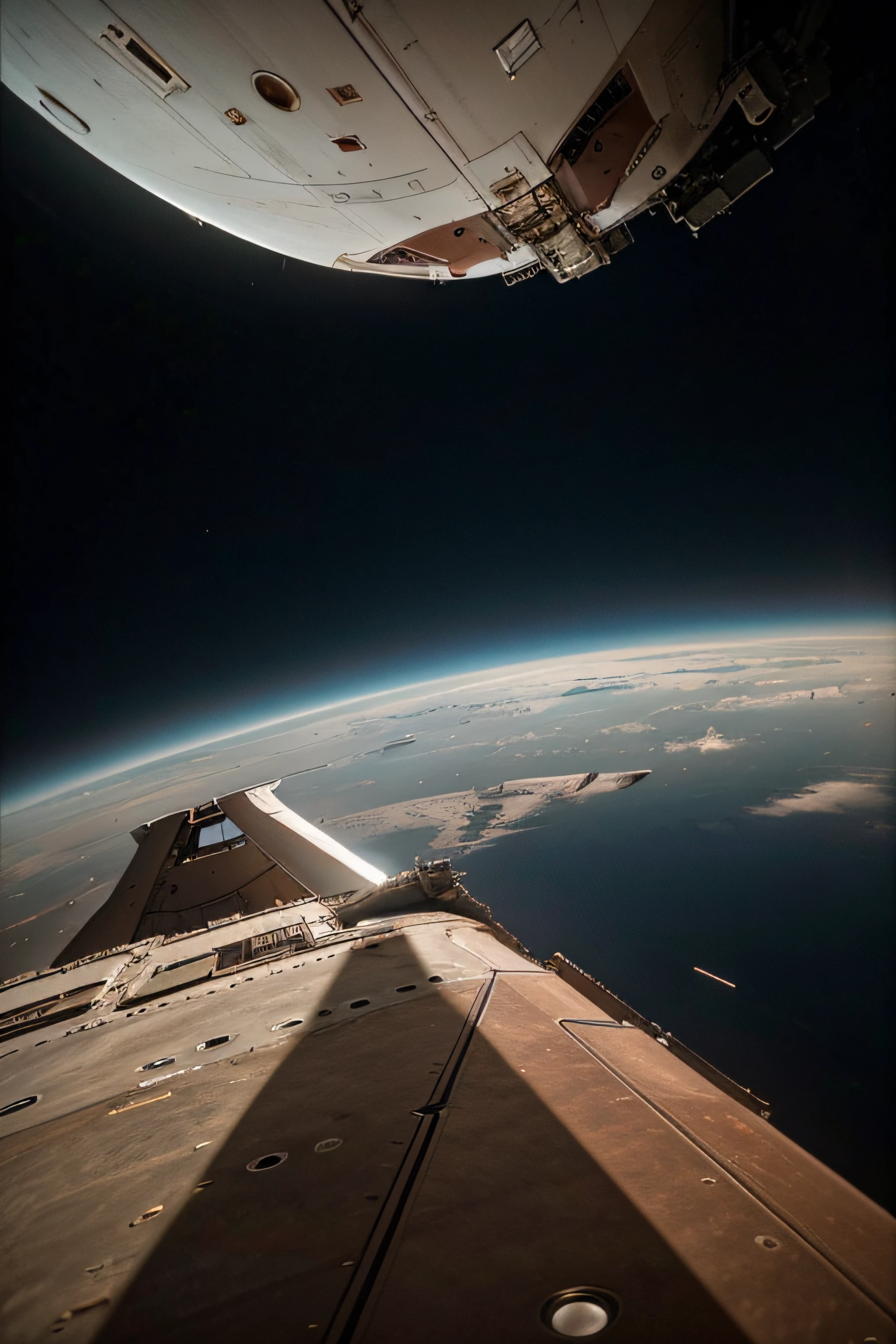 In the sky above Mars, the high-tech aircraft is docking with the space station. The metal texture is strong. The ultra-wide-angle lens makes the picture bright and realistic. The photography effect is