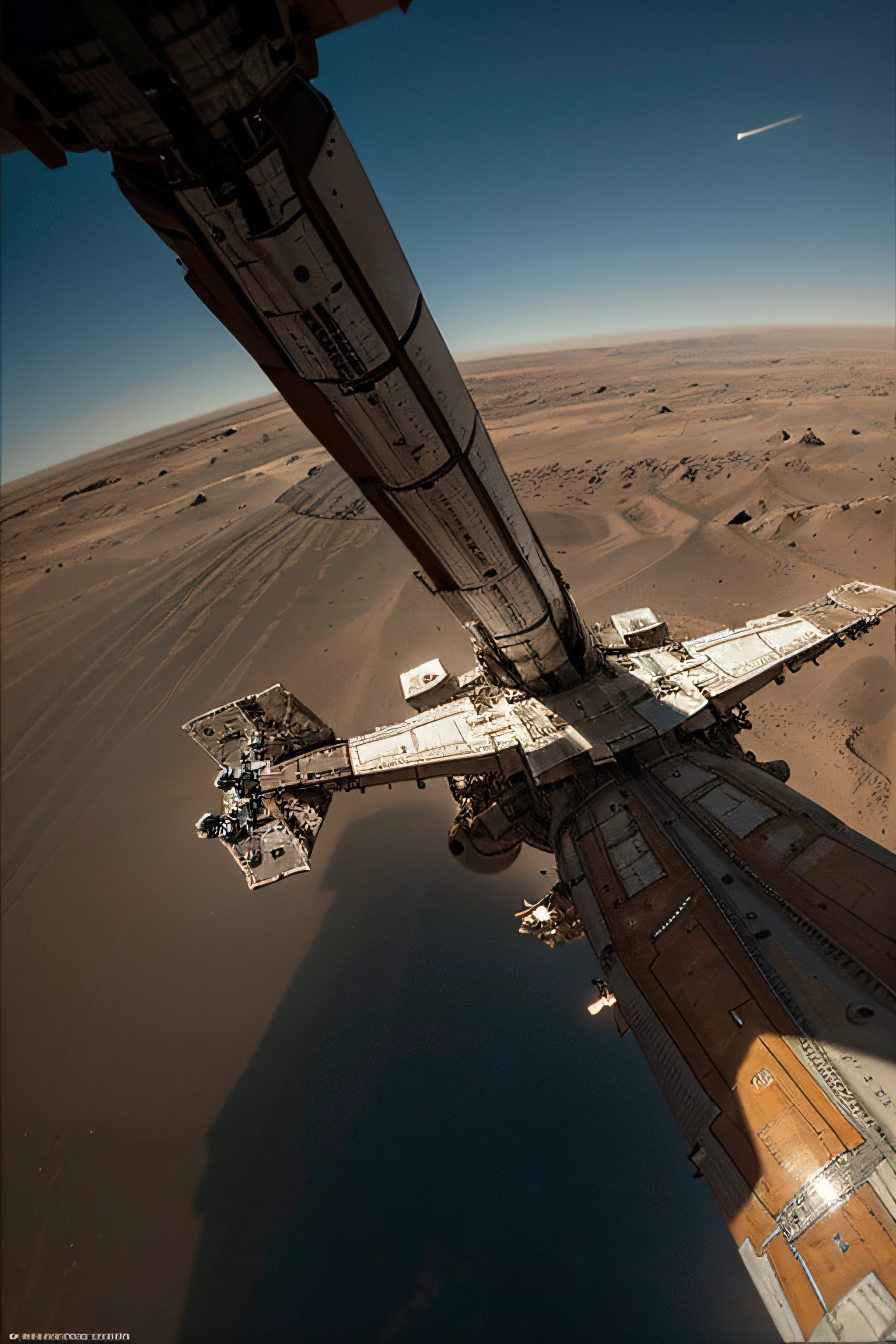 In the sky above Mars, the high-tech aircraft is docking with the space station. The metal texture is strong. The ultra-wide-angle lens makes the picture bright and realistic. The photography effect is