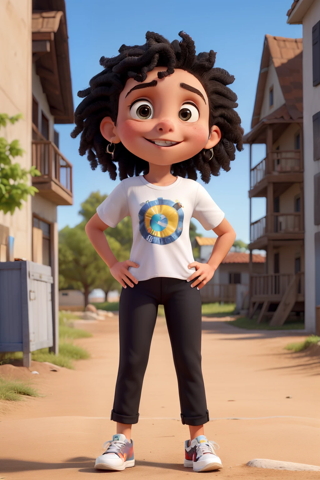 Obra-prima, de melhor qualidade, uma adolescente de cabelos cacheados, vestindo uma blusa roxa, black pants and ALL star sneakers, ao fundo Jesus feliz