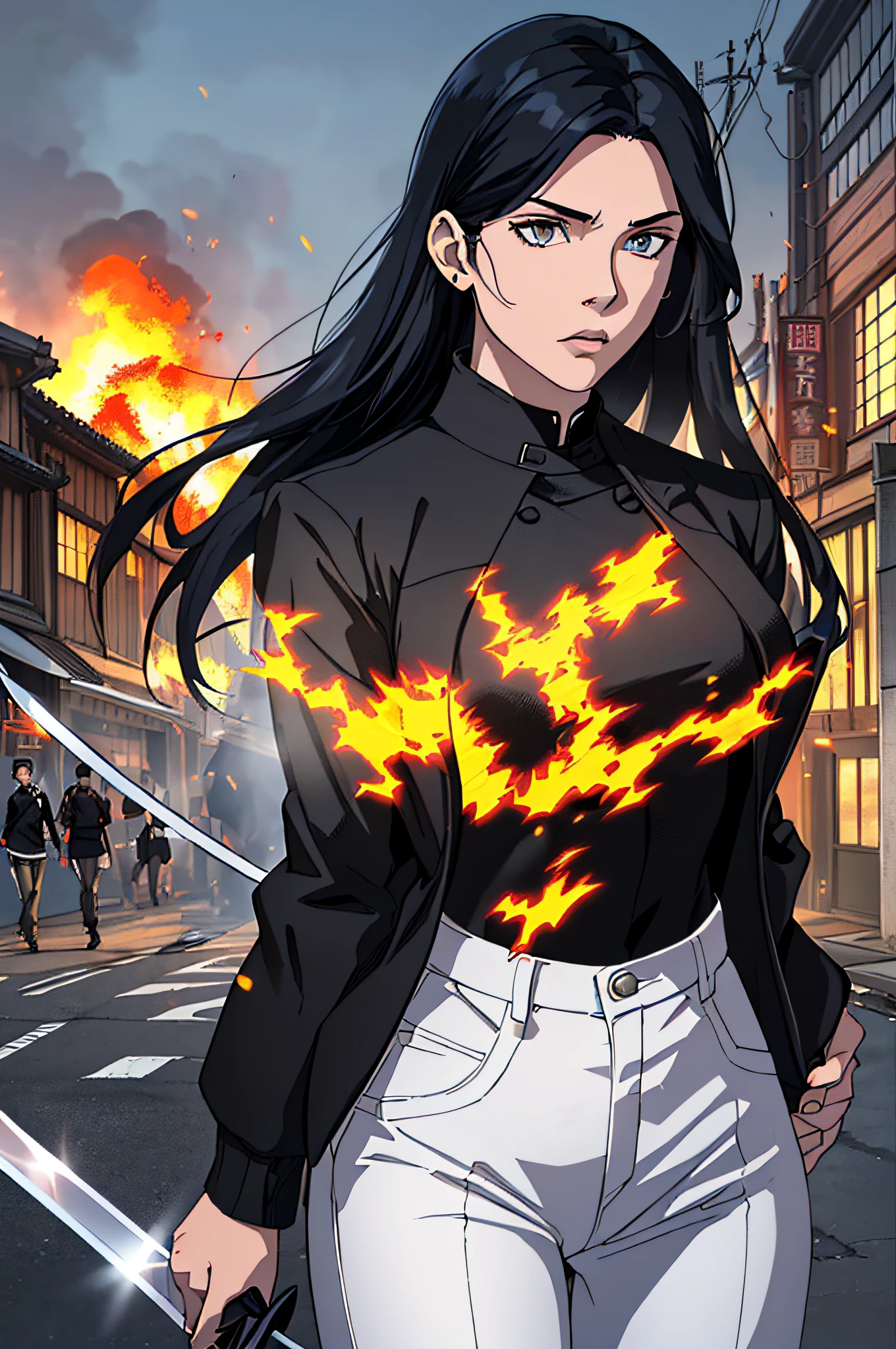 top-quality、Top image quality、masterpiece、hiquality、Beautiful Art、masutepiece、visualart、depth of fields、femele((、A slender、Black jacket、White pants、Medium bust、fire lasers from the eyes、Japanese Katana Sword、Long Black Hair)),Background with((shopping street、battle field、)),