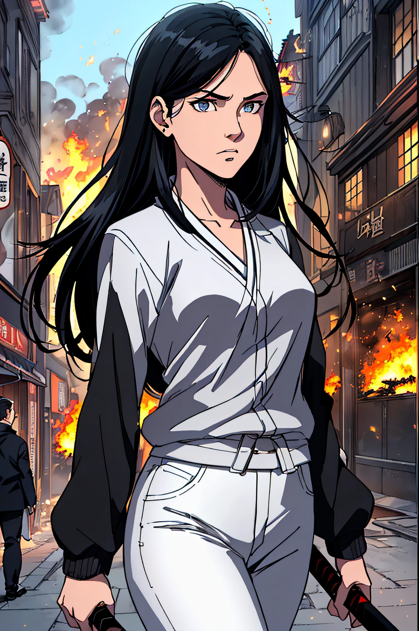 top-quality、Top image quality、masterpiece、hiquality、Beautiful Art、masutepiece、visualart、depth of fields、femele((15yo student、A slender、Black jacket、White pants、Medium bust、fire lasers from the eyes、Japanese Katana Sword、Long Black Hair)),Background with((shopping street、battle field、)),