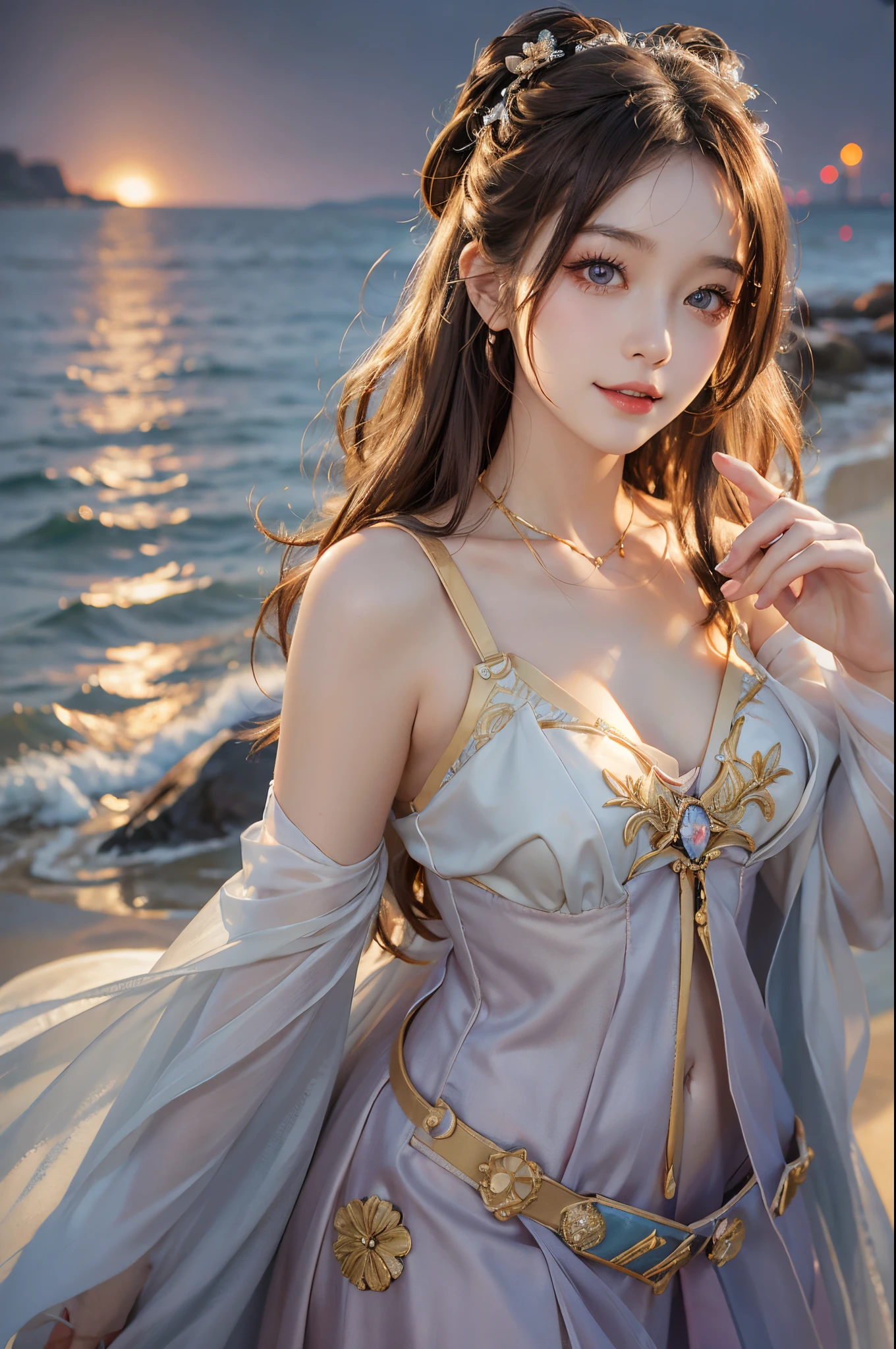 ((realistic)), a young girl, beautiful teenage girl, Beauty in period costume, Hanfu, draped in silk, Floral, high-waist, Nice belt, cropped shoulders, slim, Slimming the waist, high-heels, Shy, grin, 耳Nipple Ring、choker necklace、Hairpins，Heavy makeup，Gorgeous eye makeup，extremely beautiful eyes, golden hair, curlies, Long flowing hair, early evening, eventide, beachside, On the beach, walking in sea water, Flirting skirts, Ruffle your hair, posed for photo, posing elegantly, Random shooting angle, warm lights, a warm color palette, Professional lighting, フォトンマッピング, ラジオシティ, Physically-based rendering, RAW photos, Best quality, beauitful face,  Beautiful skins， Attractive， 超高分辨率， ultra real photo