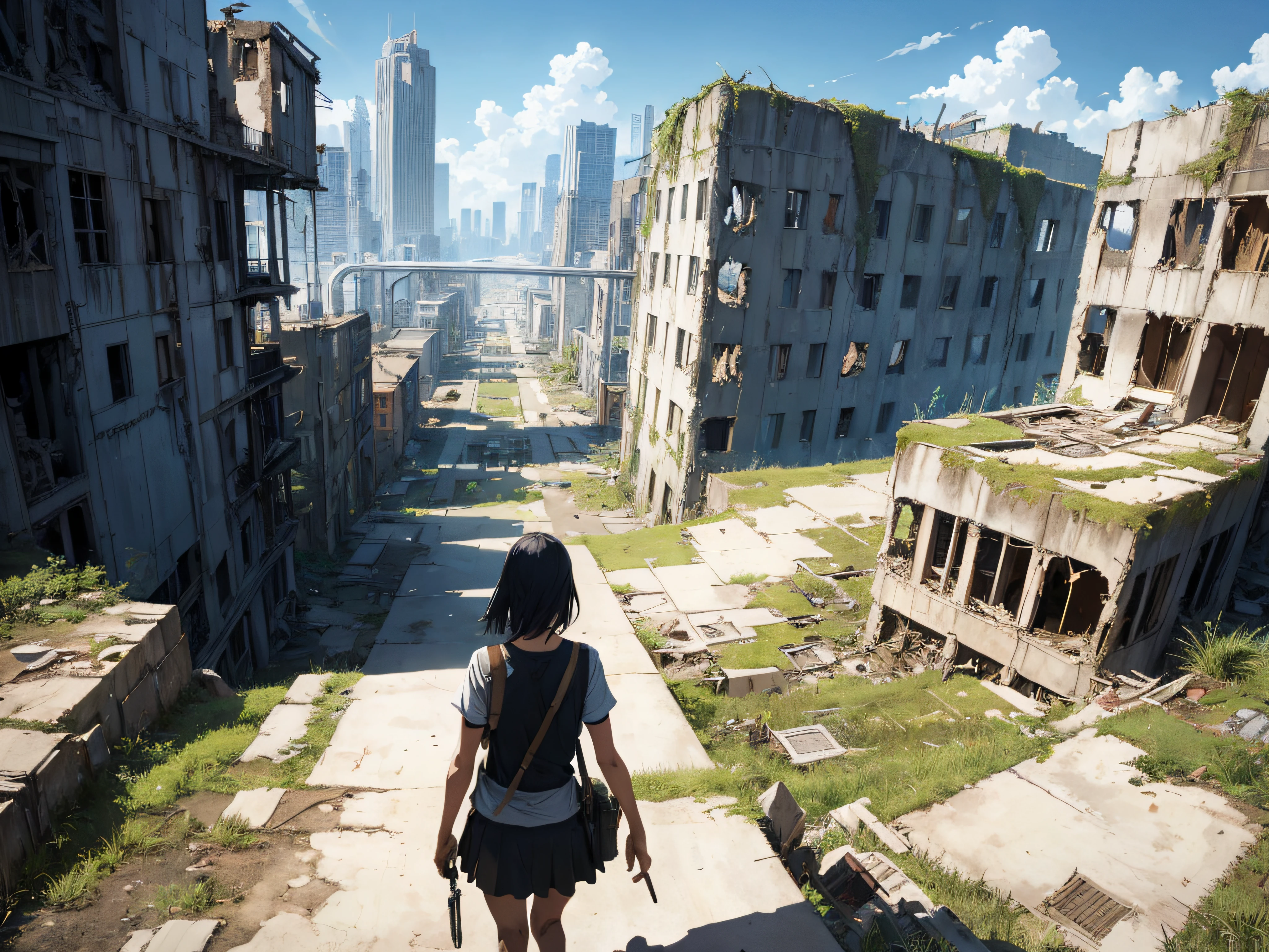 masutepiece, High resolution, detaileds, Scenery, Post-apocalyptic world, ruins of civilization, Gazing at a ruined civilization surrounded by towering ruined buildings.、A girl walking along an old highway, Landscape Focus, Daytime, Blue sky, mosses
