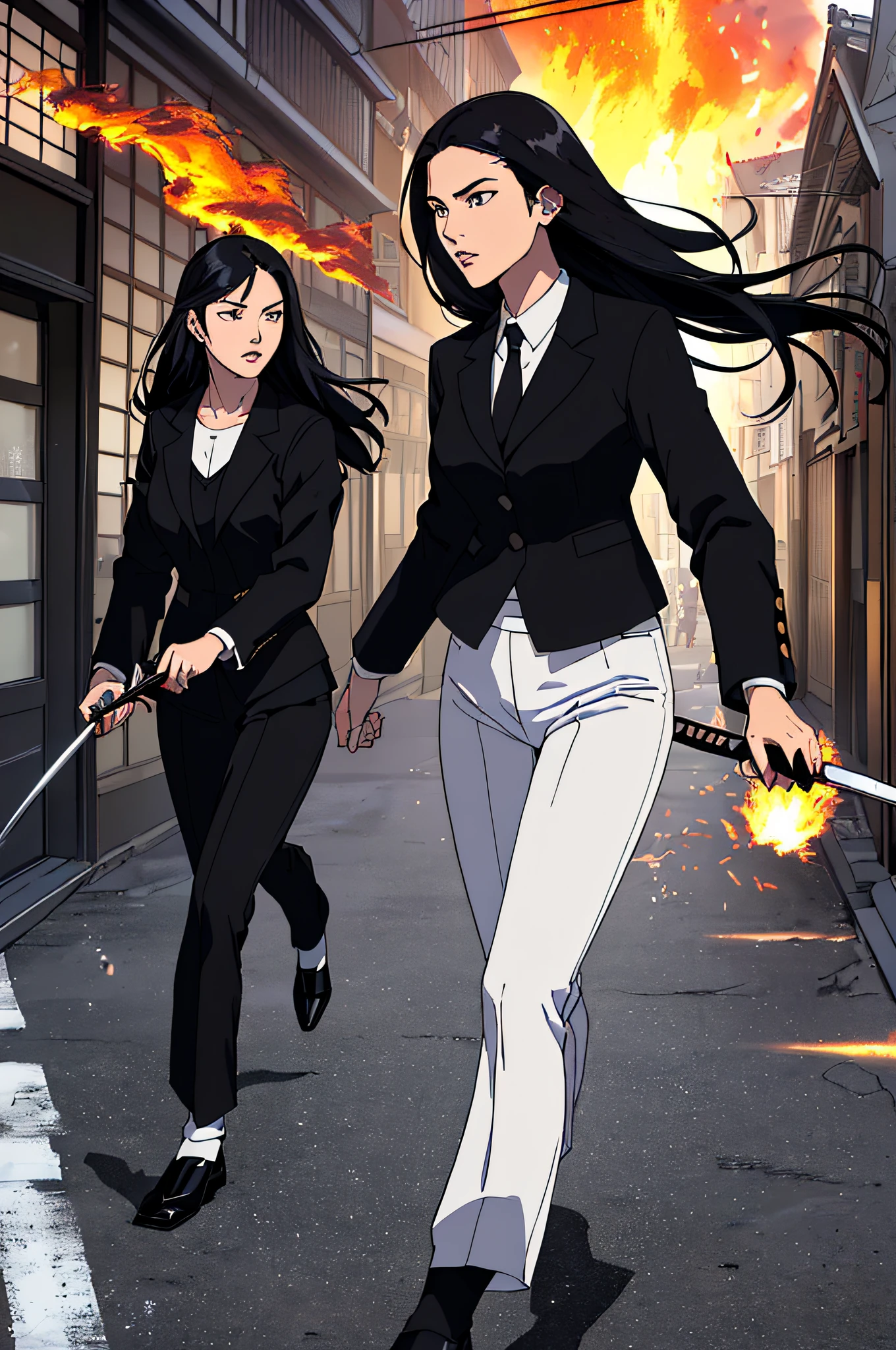 A painting of a woman with long hair and long hair, beauty in demon killer art, perfect anime body, long legs, big breasts, full body movement, 4K manga wallpaper, full body fighting pose, realistic light and shadow, beautiful line art, strong line art, ink art, brush art, Kentaro Miura manga art style, his manga full body portrait, Kentaro Miura's manga style, Shigeri Aishima illustration, highly detailed fine doujin art, Masayoshi Suto and artgerm, detailed manga style