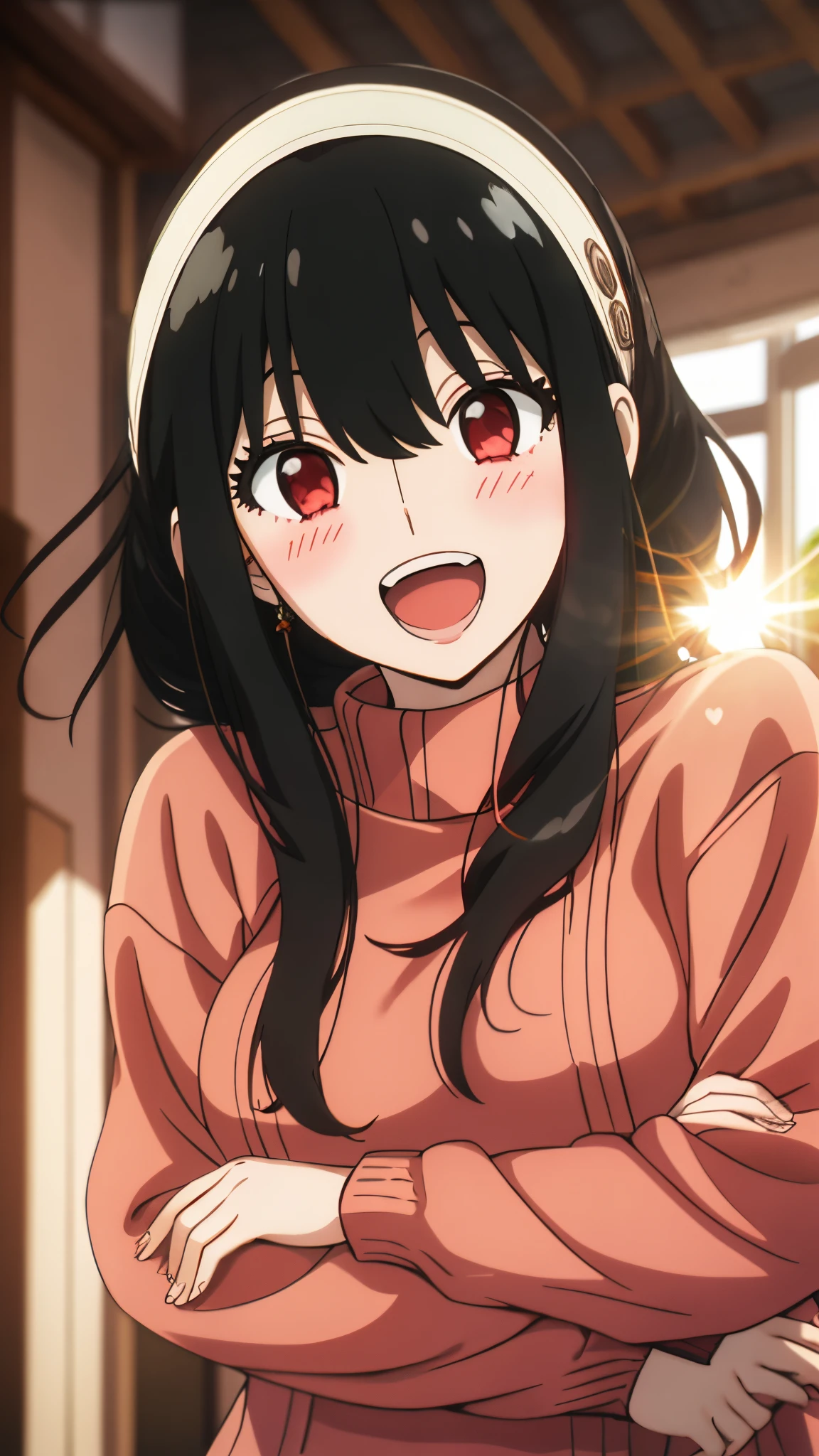 a girl,yor forger ,black hair , red eyes , blush, cosy sweater on, upper body, (huge Laughing:1.1), (open mouth:1.1), (wide open eyes:1.2), sun glare, bokeh, depth of field, blurry background, light particles, strong wind, (heart particles:1.1)