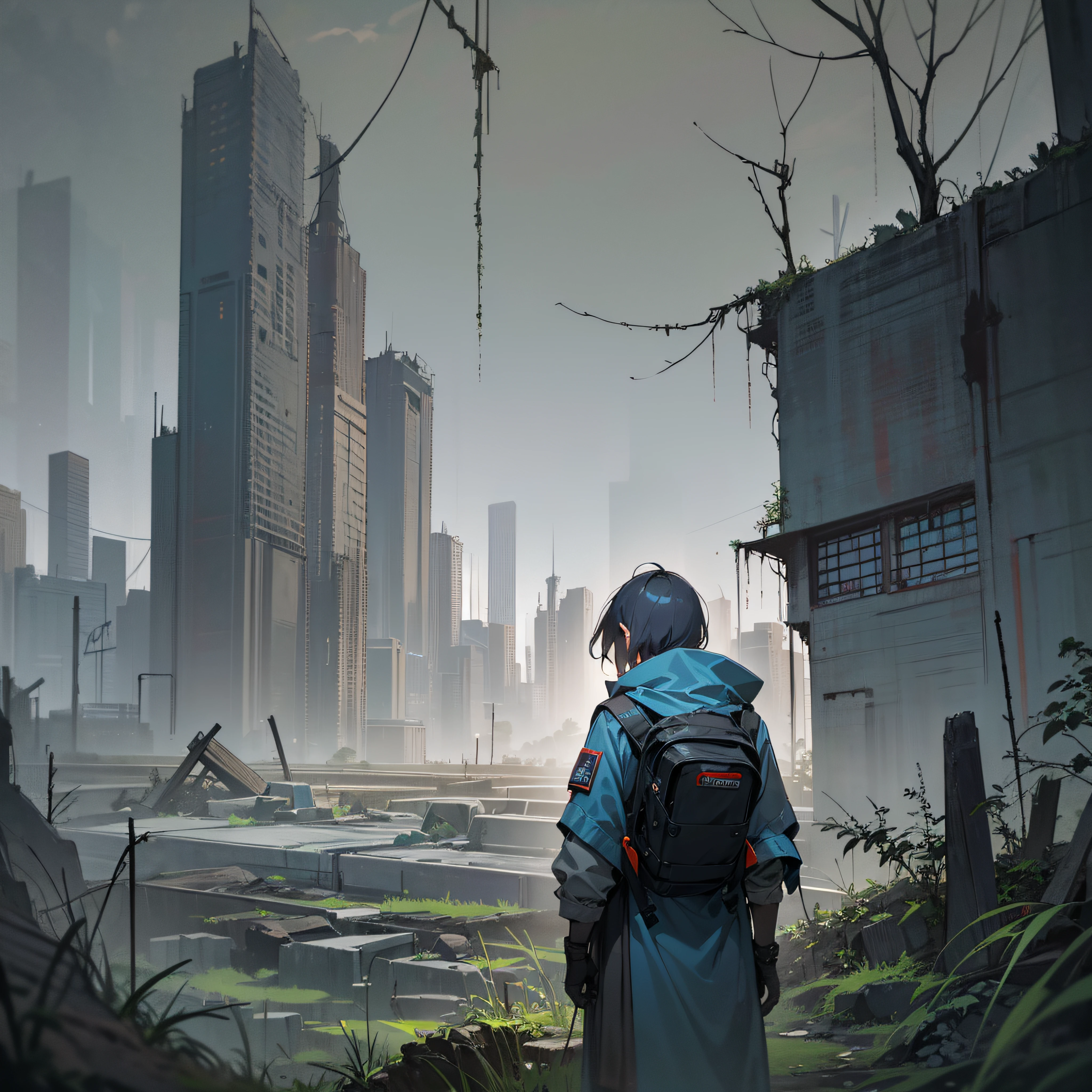 Create artwork that represents a desolate landscape, A post-apocalyptic world where nature has reclaimed cities from humanity. Artwork includes、overgrown vines and trees々should feature the ruins of a metropolis buried under a blanket of。, It seems that years of neglect have created a new ecosystem.. The surrounding landscape should paint a gray color, dreary atmosphere, The dark sky casts an eerie light on the scene. In the foreground, A lonely traveler stands in the ruins, Wearing tattered clothes and carrying a survival pack. The traveler may be a human、maybe a cyborg. The viewer is、While contemplating the universe depicted in the work、You should feel a sense of both solitude and survival。