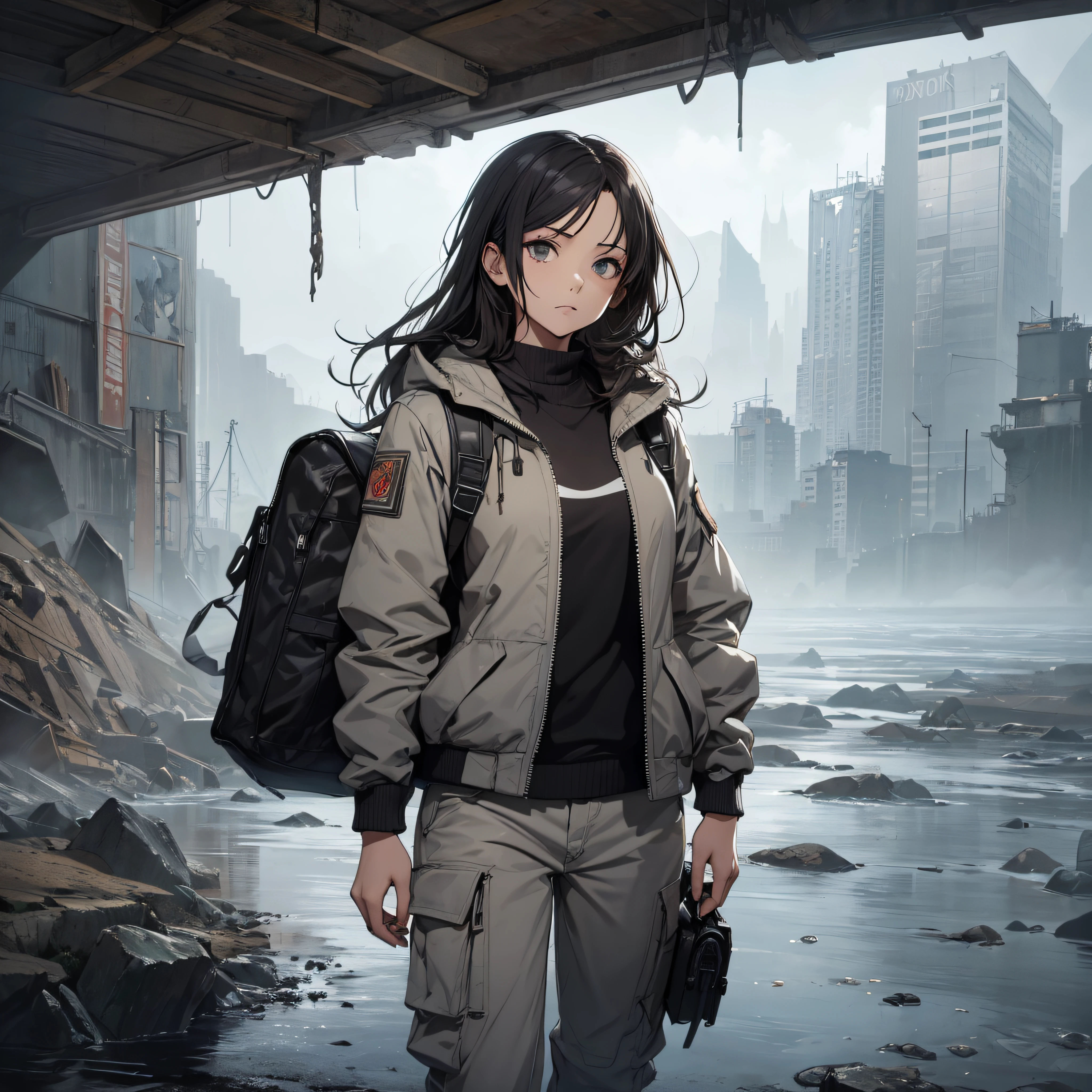 16 K, nffsw, nffsw, Ray tracing, Anisotropy Filtering, Subsurface scattering, albedo, Best Quality, masutepiece, Highly detailed, 1 girl ,Solo, gros-plan, Beautiful, Jacket, Long pants, Long hair, In a post-apocalyptic world, vast open landscape, Gray clouds, No grass, Hideo Kojima style, dreary atmosphere, Windy, Foggy, Mysterious, Main palette is gray, Tense, Serious, dangerous, Horizon, mountainscape, Rain, shallow water