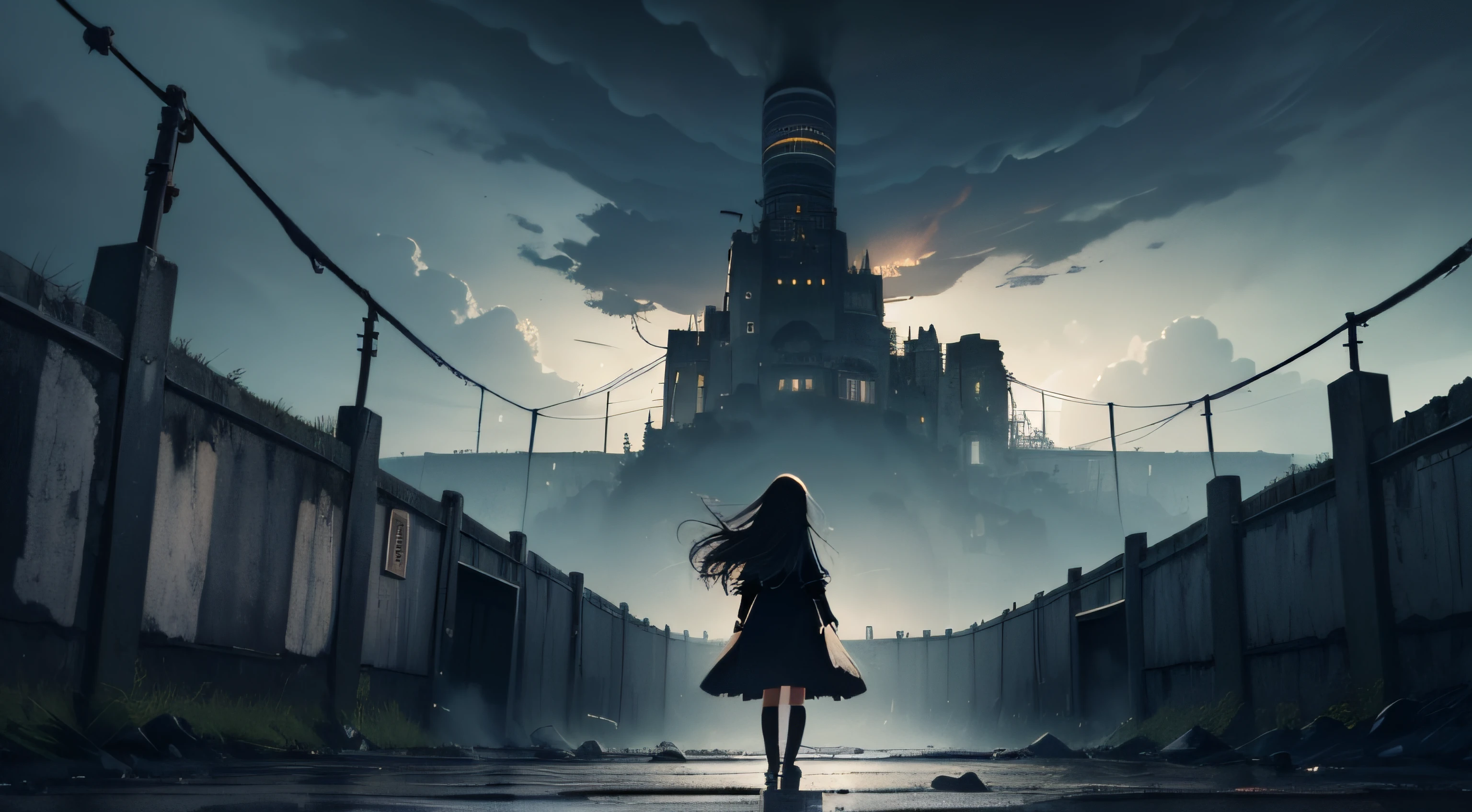 masutepiece, Alone in the depths of the dark earth, Find the door and key, A deep picture of sadness and hope, Dark clouds approaching the bottom of the Earth, A dystopian city surrounded by high walls, girl in black dress, Long hair fluttering in the wind.