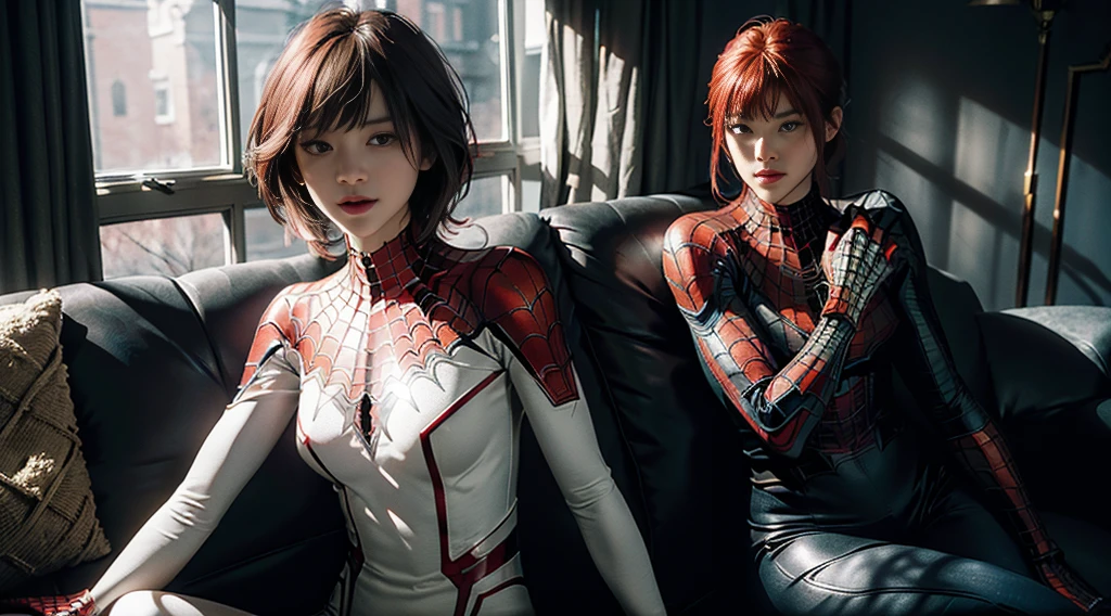 (Extreme Detail CG Unity 8K wallpaper, masterpiece, highest quality), (Exquisite lighting and shadow, highly dramatic picture, Cinematic lens effect), a girl in a white Spider-Man costume, red hair color, from the Spider-Man parallel universe, Wenger, Marvel, Spider-Man, sitting on the couch, dynamic pose), (excellent detail, excellent lighting, wide angle), (excellent rendering, enough to stand out in its class), focus on white Spider-Man costumes, complex spider textures