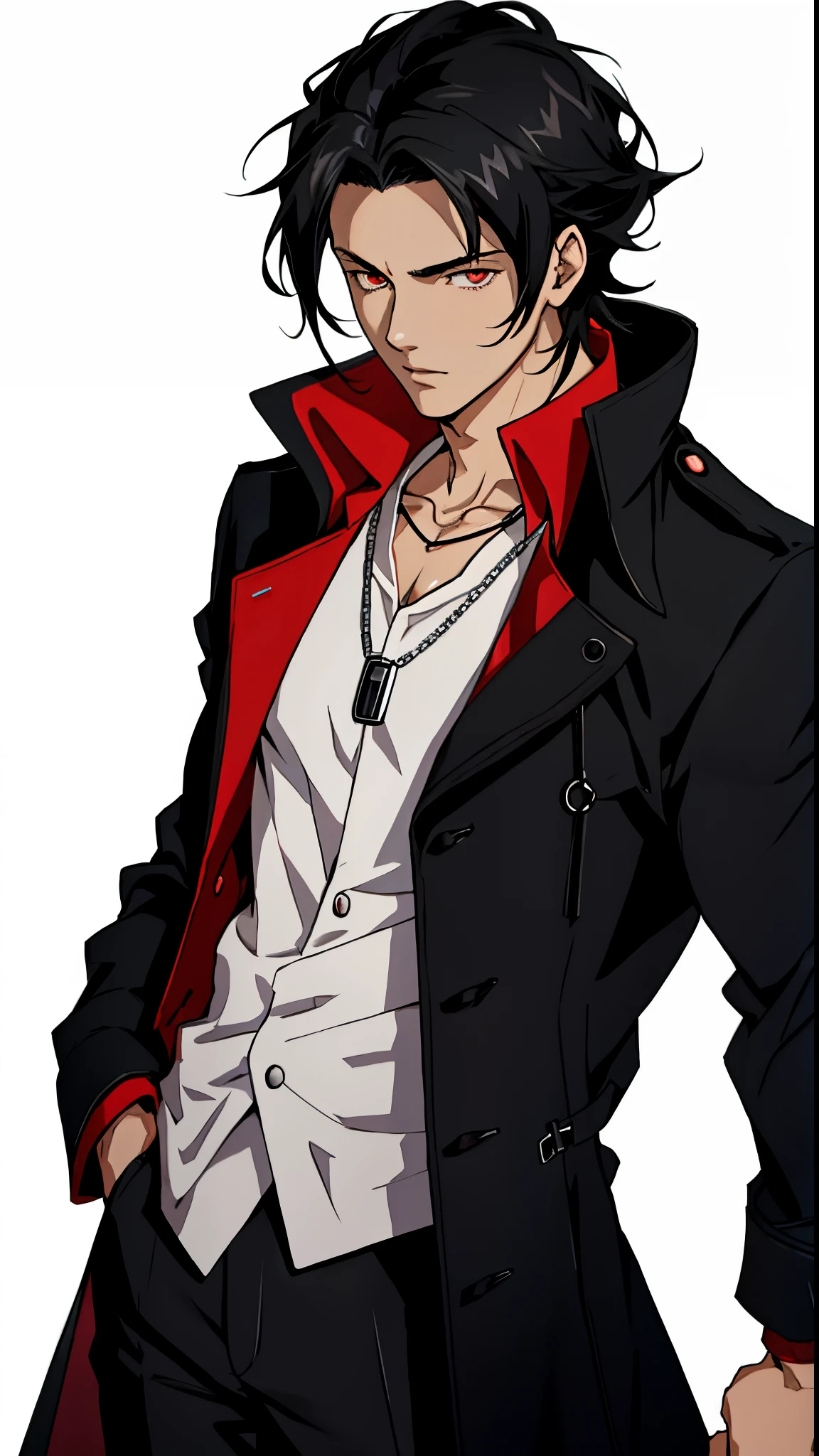 delicate picture，transparent background，combed black hair，Red pupils，a black trench coat，Blackn clothes, anime handsome man，Wearing a silver necklace，Wearing a silver chain