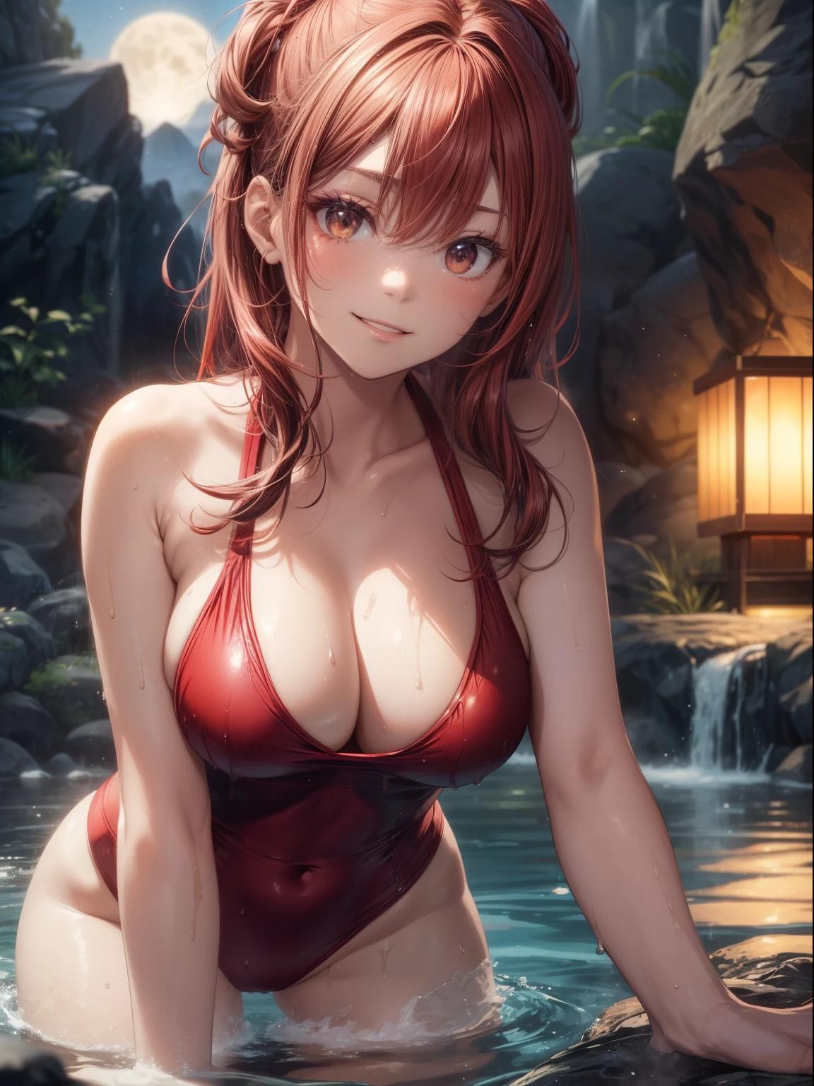 top-quality、Full limbs、complete fingers、1girl in、((one beautiful women、独奏))、Red hair、Medium hair、straight haired、Red competitive swimsuit、Luxury Ryokan、A large open-air bath surrounded by rocks、steam、Wet texture、natta、fullmoon、Lit up、is standing、Naughty Poses、A big smile、all-fours