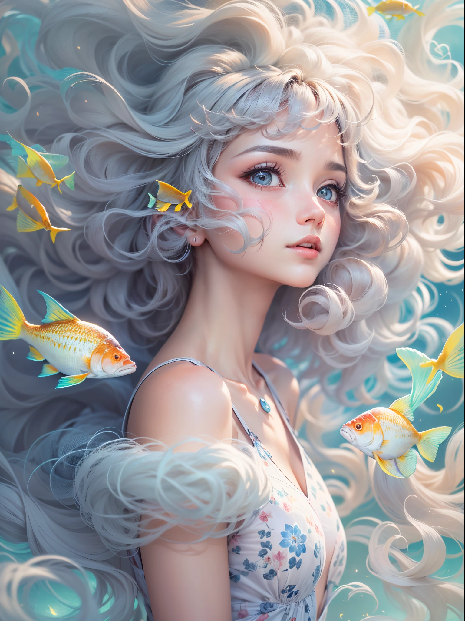 (Best quality,4K,8K,A high resolution,tmasterpiece:1.2),ultra - detailed,(actual,realistically,realistically:1.37),a dreamy illustration。Fluffy hair like clouds。hair growing upward,cloud,The fish,Expressive eyes,Glowing skin,