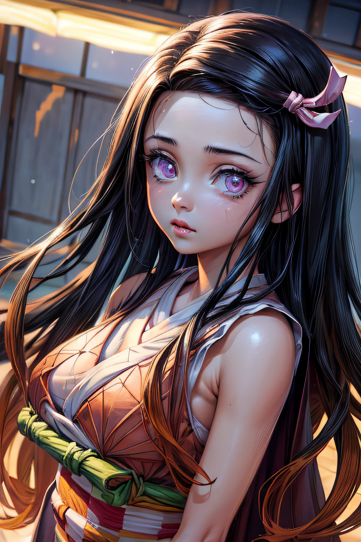 (Ultra Real), (Illustration), (High Resolution), (8K), (Very Detailed), (Best Illustration), (Beautiful Detailed Eyes), (Best Quality), (Ultra Detailed), (Masterpiece), (Wallpaper), (Detailed Face), Night Up Upper Body, Ice Cream,Long Hair,Solo,Simple Kimono Top Girl, Sweaty, Japan Person, Big Tits, (Camel Toe) Nezuko Kamado,