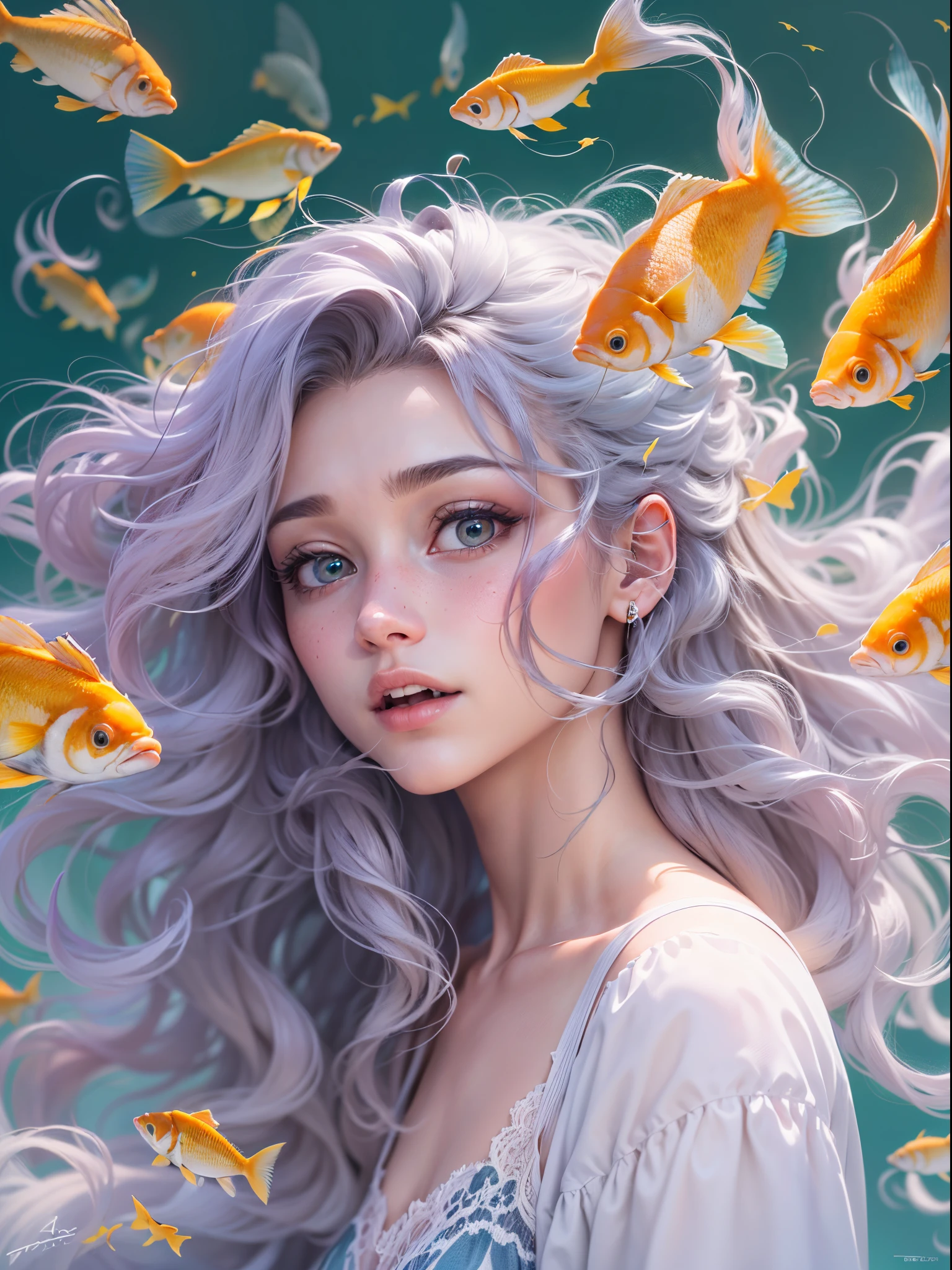 (Best quality,4K,8K,A high resolution,tmasterpiece:1.2),ultra - detailed,(actual,realistically,realistically:1.37),Cloud hair，Long hair grows upward,cloud，The fish，Expressive eyes,Glowing skin,