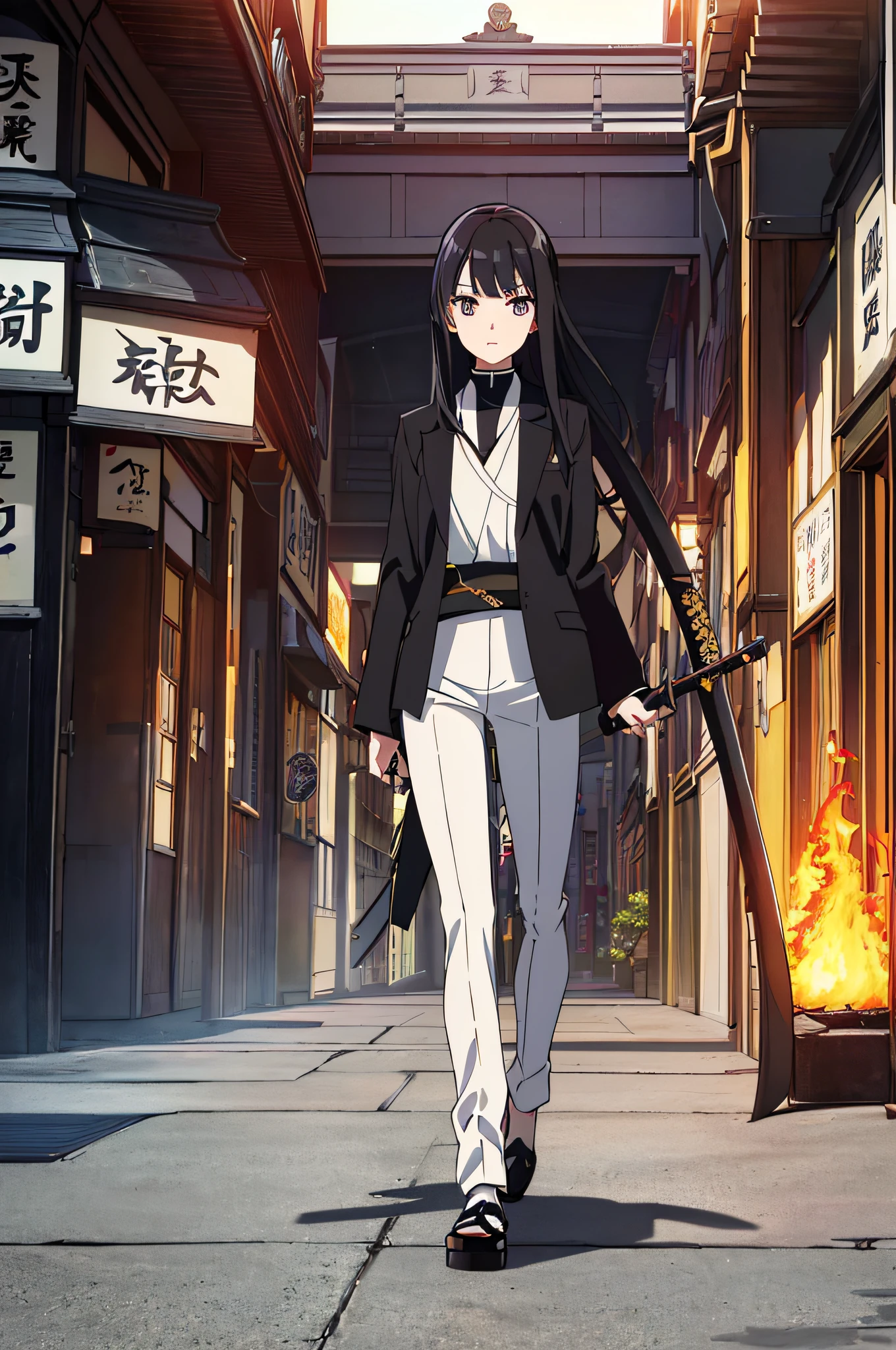 top-quality、Top image quality、masterpiece、hiquality、Beautiful Art、masutepiece、visualart、depth of fields、femele(( student、A slender、Black jacket、White pants、Medium bust、fire lasers from the eyes、Japanese Katana Sword、Long Black Hair)),Background with((shopping street、battle field、)),