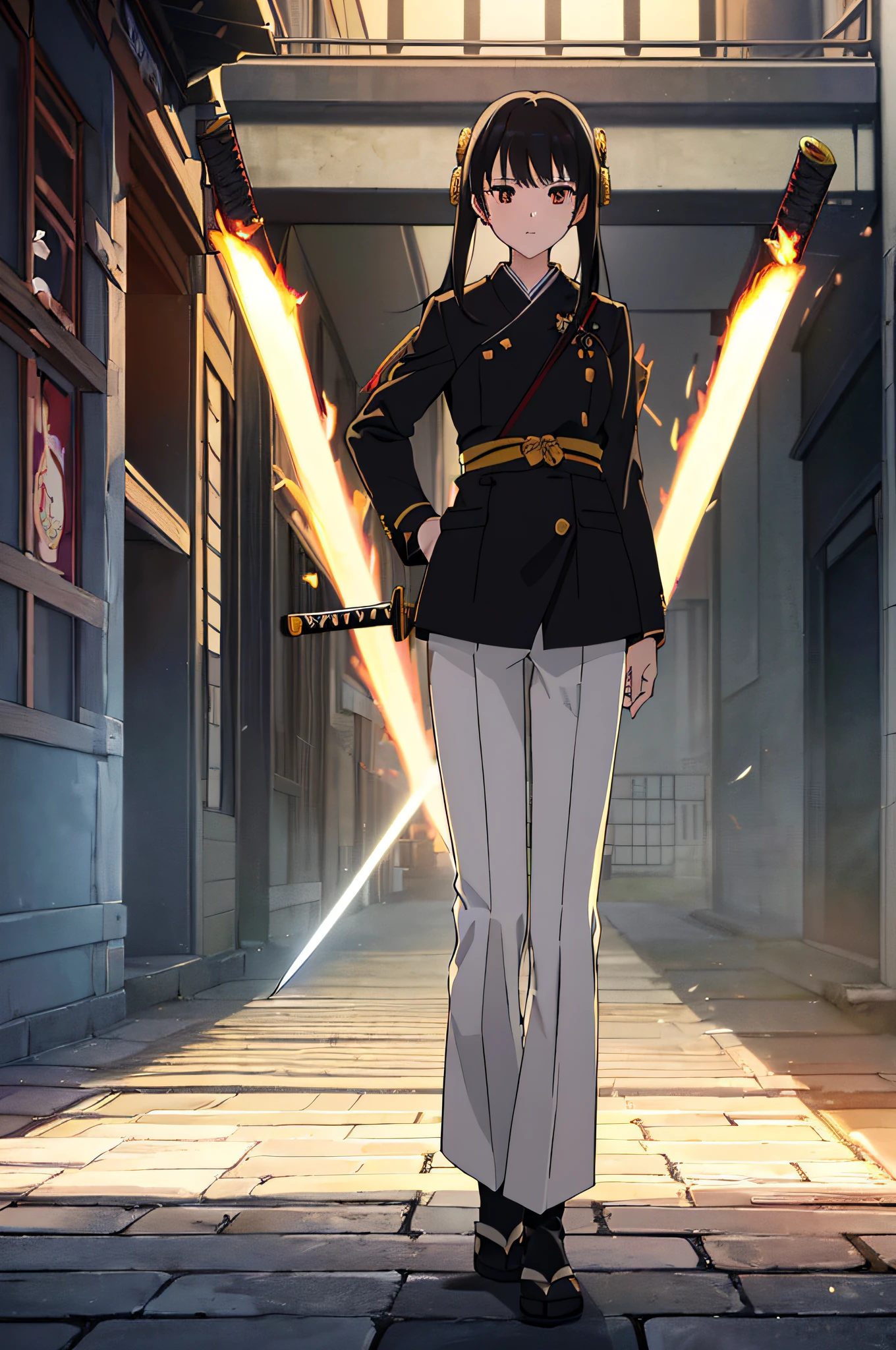 top-quality、Top image quality、masterpiece、hiquality、Beautiful Art、masutepiece、visualart、depth of fields、femele((15yo student、A slender、Black jacket、White pants、Medium bust、fire lasers from the eyes、Japanese Katana Sword、Long Black Hair)),Background with((shopping street、battle field、)),