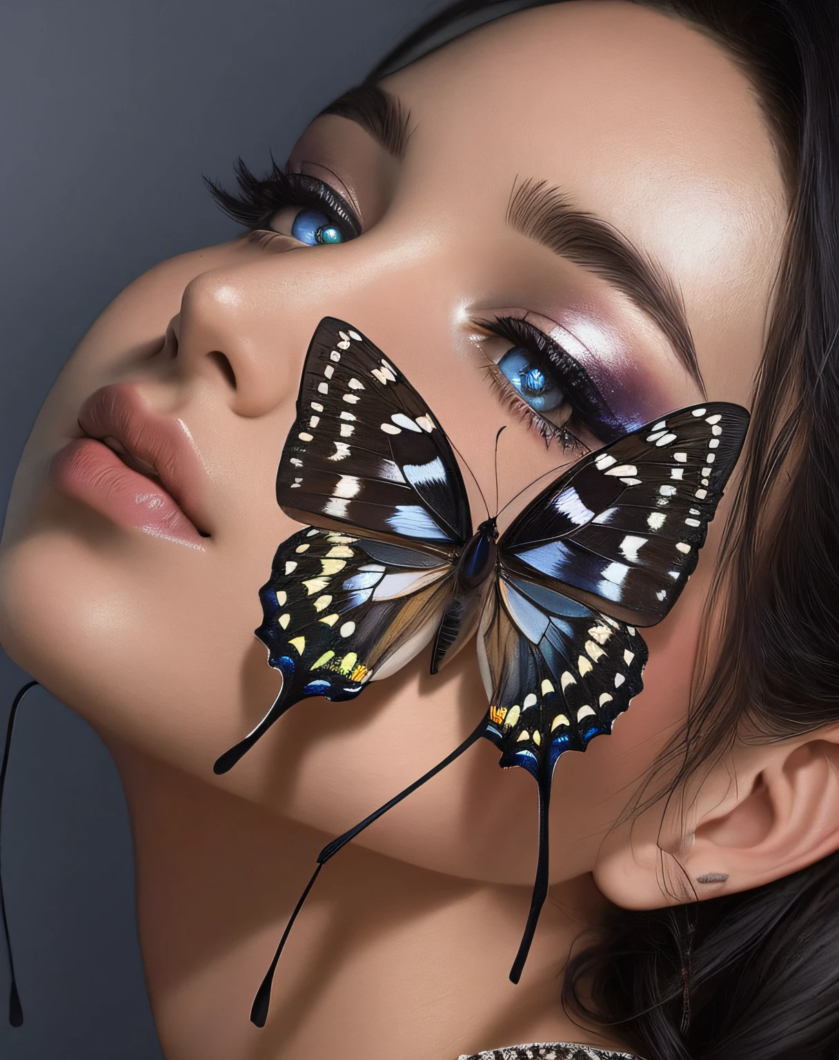 hay una mujer con una mariposa en la nariz y los ojos, con hermosas alas, mariposa, foto muy bonita, por Irakli Nadar, Belleza asombrosa, con maquillaje profesional, Hermosa reina, precioso y hermoso, con hermosos ojos detallados, hermoso aspecto, foto de perfil, !!Belleza natural!!, harmony of butterfly, ojos seductores, Mariposas