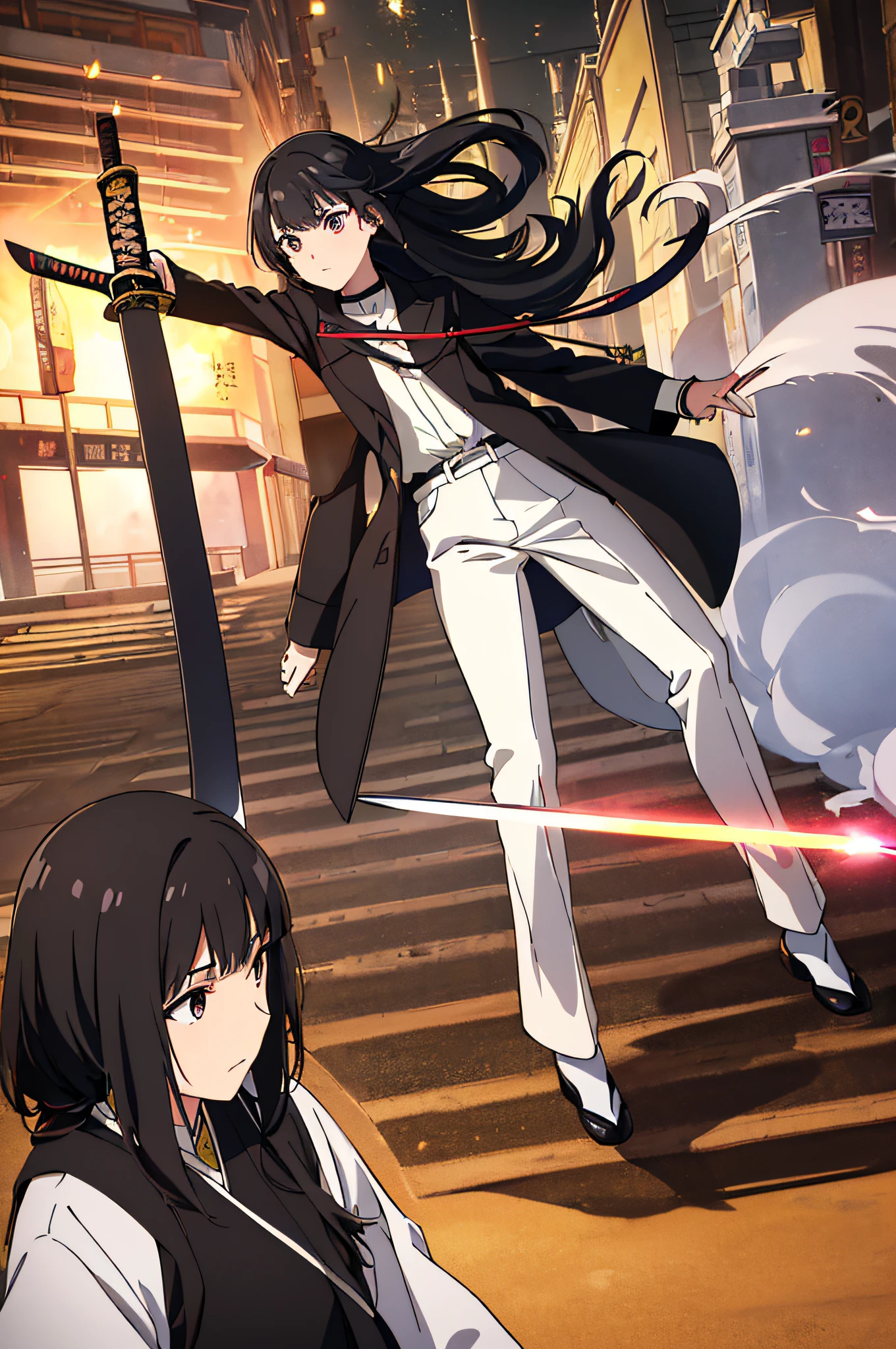 top-quality、Top image quality、masterpiece、hiquality、Beautiful Art、masutepiece、visualart、depth of fields、femele((15yo student、A slender、Black jacket、White pants、Medium bust、fire lasers from the eyes、Japanese Katana Sword、Long Black Hair)),Background with((shopping street、battle field、)),