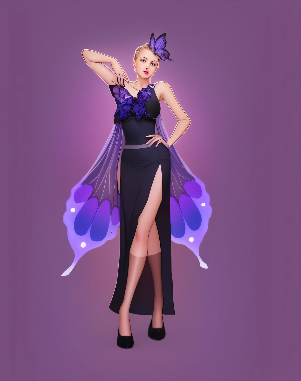 um desenho de uma mulher fantasiada de borboleta com uma borboleta no ombro, design de roupas, costume desig, Traje preto e violeta, novo conceito de figurino, traje de fantasia, conceito de corpo inteiro, full body adoptable, figurino feito com amor, corpo inteiro com traje, design de moda, space flower fairy, designs de roupas, asas de borboleta, design de roupa clara