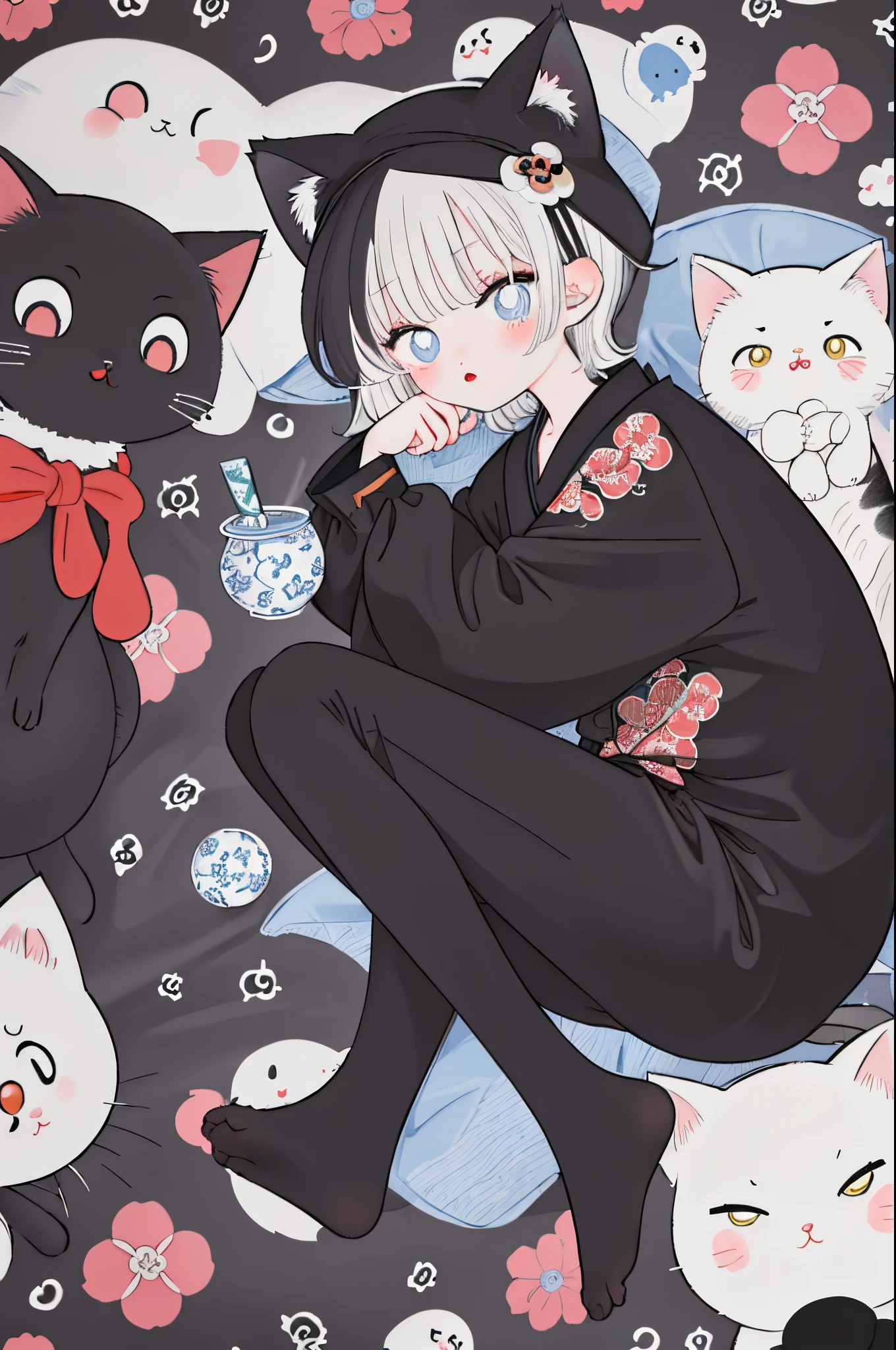 (best quality, masterpiece, highres), big eyes, thick lines, Mix patterns,cute,1 boy and cat with words, in the style of unique yokai illustrations, goth, whimsical cats, cult party kei, letras y figuras, monochrome, pattern explosion