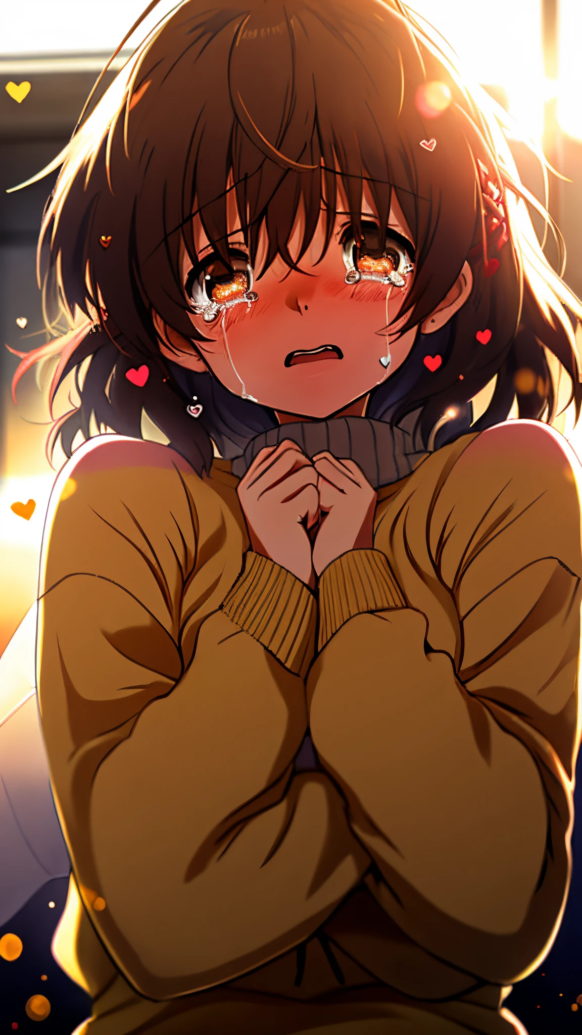 a girl, furukawa nagisa , cry, sobbing, tears,sad ,cosy sweater on, upper body, (huge crying:1.1), (wide open eyes:1.2), sun glare, bokeh, depth of field, blurry background, light particles, strong wind, (heart particles:1.1)