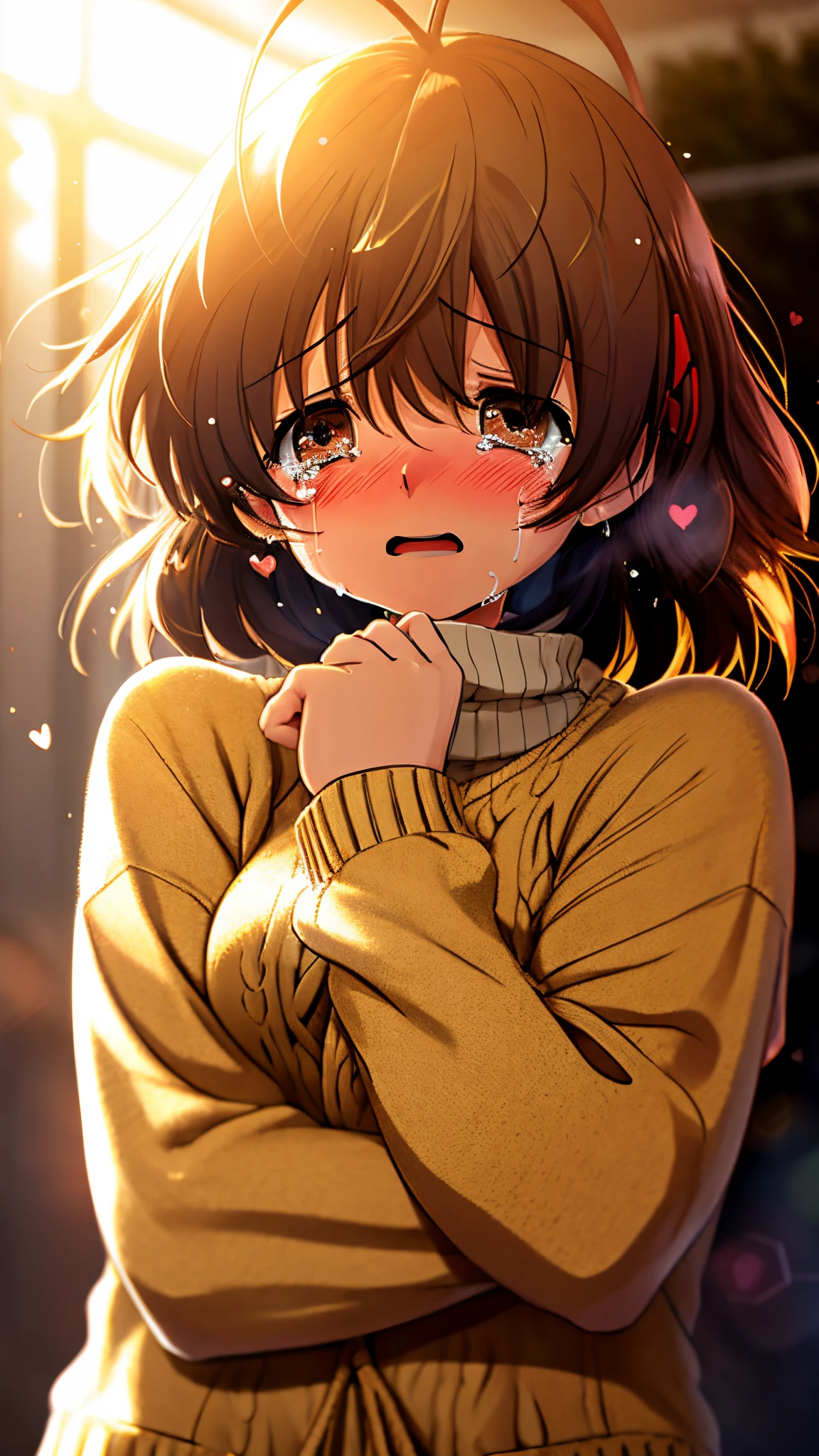 a girl, furukawa nagisa , cry, sobbing, tears,sad ,cosy sweater on, upper body, (huge crying:1.1), (wide open eyes:1.2), sun glare, bokeh, depth of field, blurry background, light particles, strong wind, (heart particles:1.1)