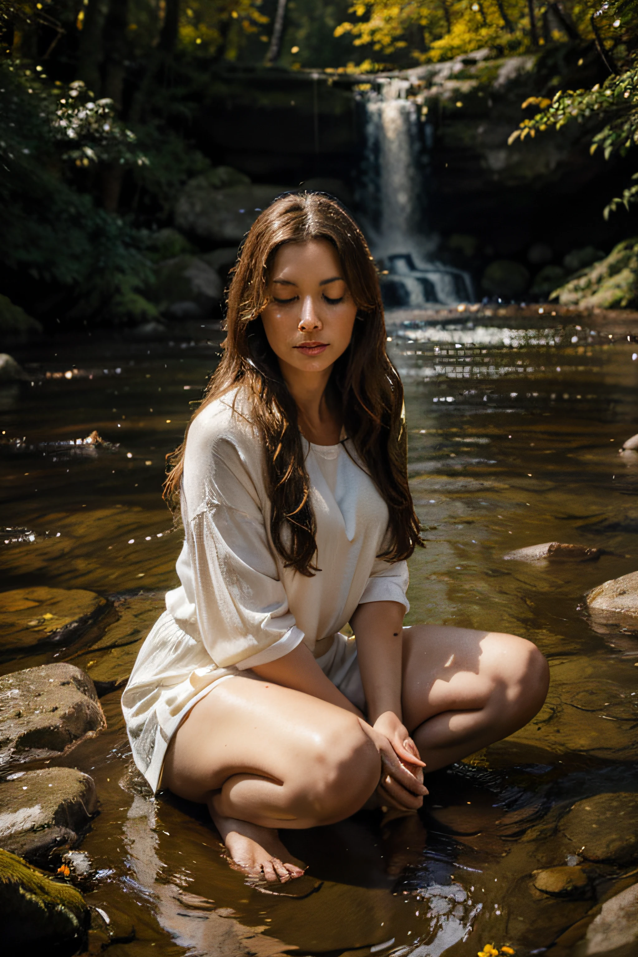 woman, 38 years old, honey brown long hair, wavy hair, meditating on a rock, with legs crossed and hands on knees, in the middle of a stream, looking at a waterfall, wearing white, light clothes, in the background forest, with trees, red and gold, autumn, the afternoon blue sky with orange, white flowers on the left side, and rose on the right, Realism, Romanticism, cinematic lighting, 8k, super detail, ccurate, best quality, high quality, 1080P