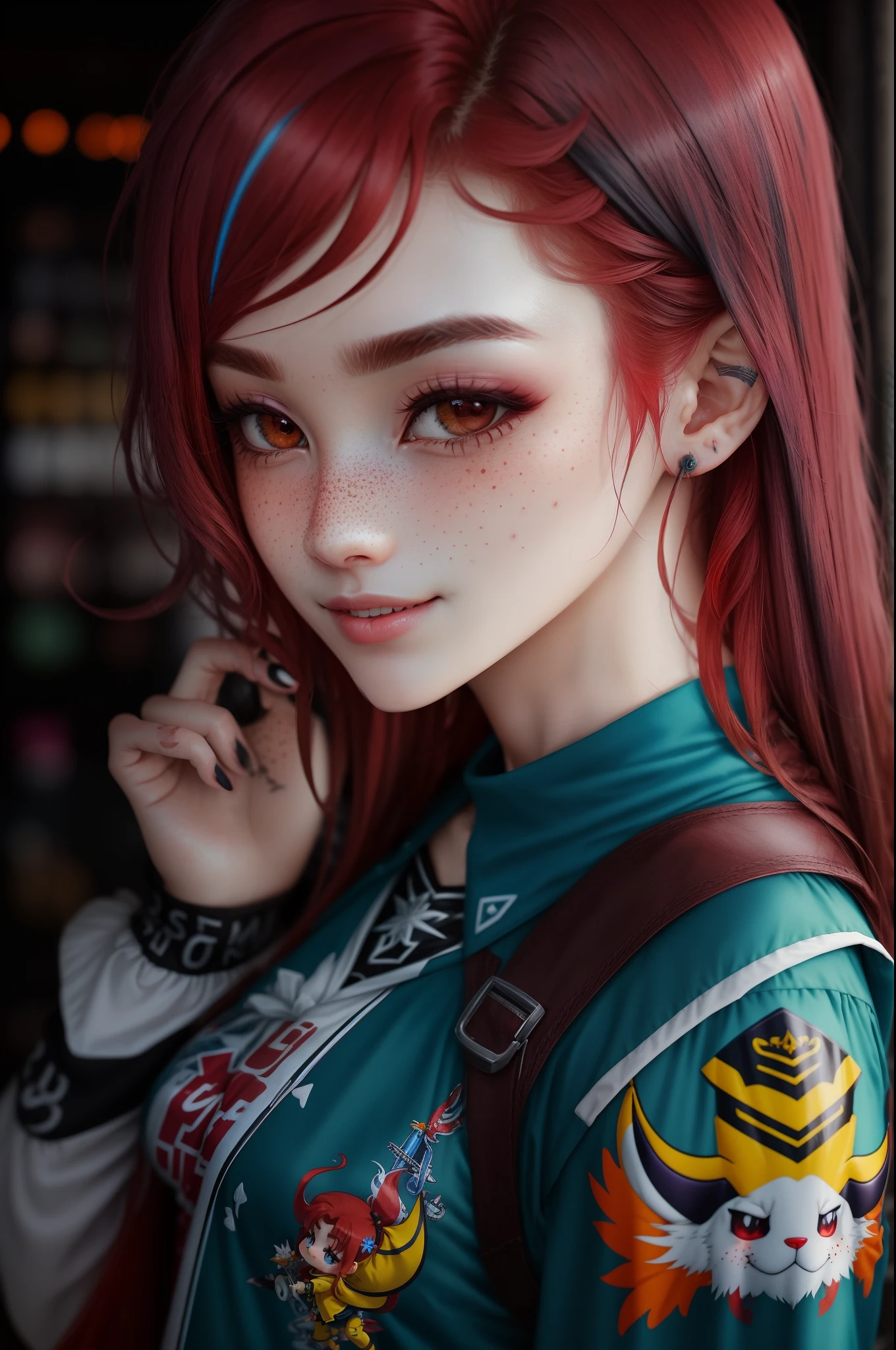 Taehyung com marcas de beijos de batom vermelho, de cabelos loiros, com orelhas pontiagudas, ao seu lado, meio distante, Jung Hoyeon from Squid Game is a redhead with long straight hair, com uma mecha amarelo fogo, olhos azuis acinzentados, pale skin and subtle freckles, sorrindo alegre, com uma roupa toda preta e grunge.