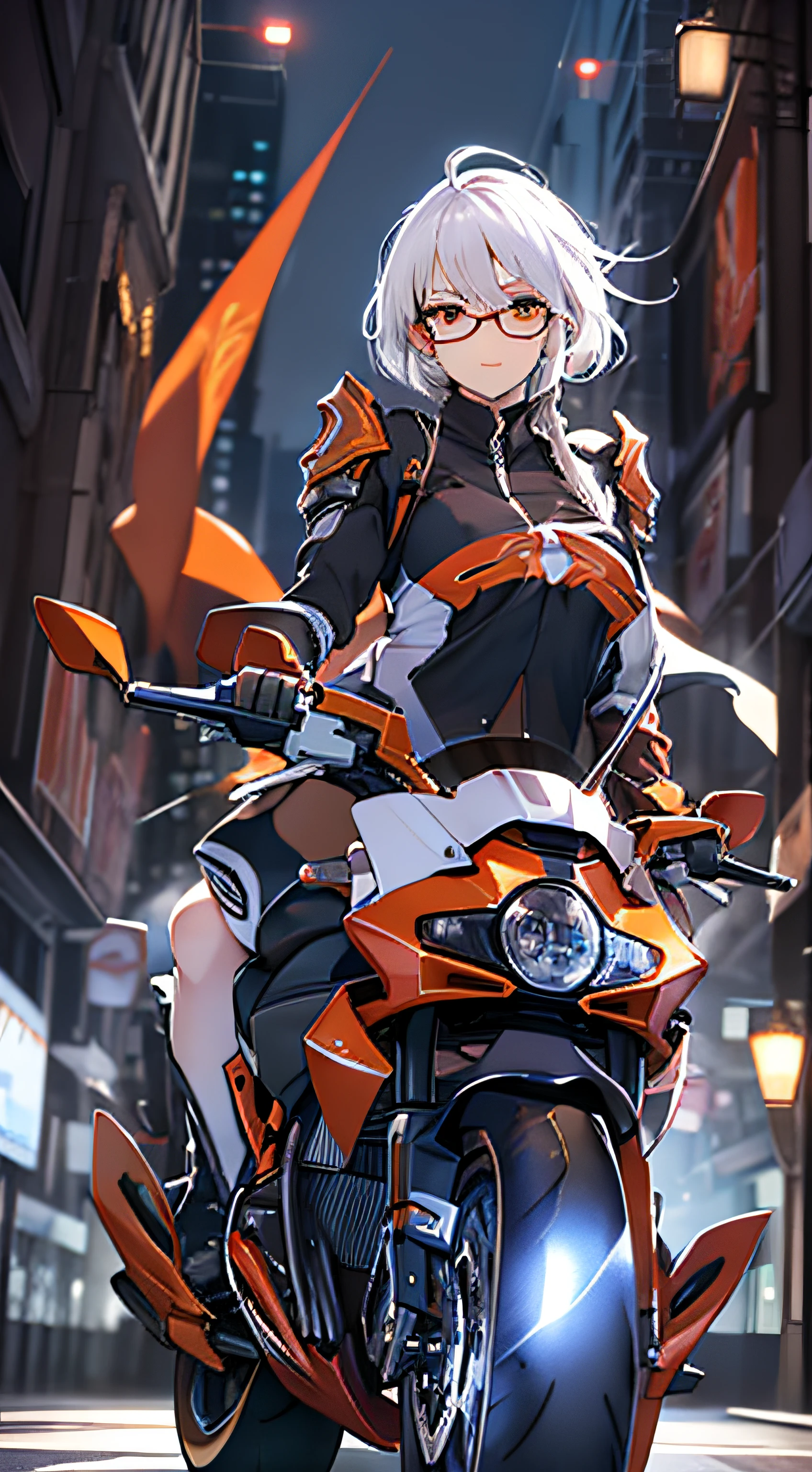 Anime Girl, motor cycle, Futuristic, armor, White hair, Orange Eyes, Glasses, red sanders, Night, epic lighting, Riding, Dynamic Angle, moving