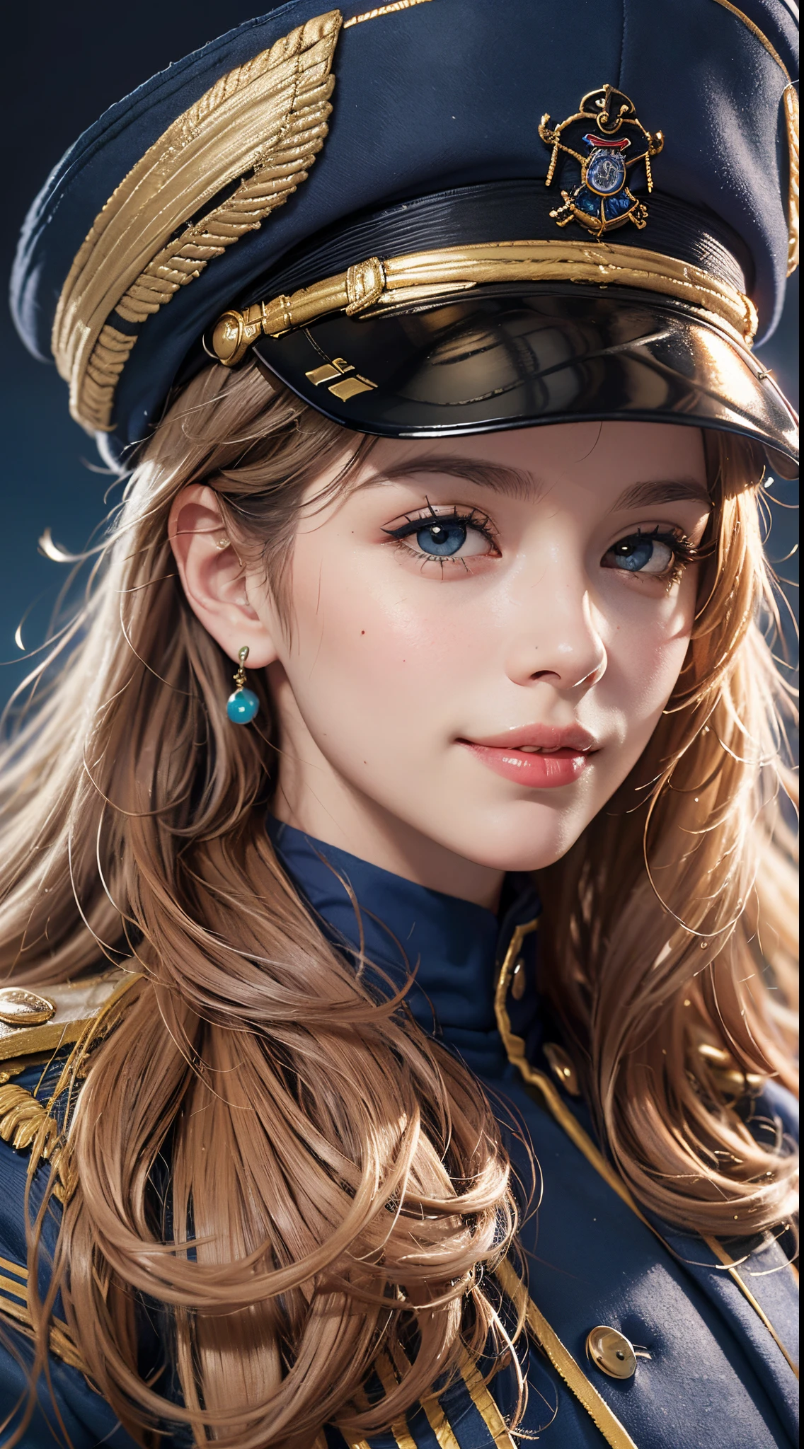 (best quality, 4k, 8k, high-res, masterpiece:1.2), ultra-detailed, (realistic, photorealistic, photo-realistic:1.37), (beautiful detailed eyes, beautiful detailed lips, extremely detailed eyes and face), studio lighting, physically-based rendering, vivid colors, (two-tone color, blue & yellow), (naval uniform coat, naval uniform hat:1.5), rank insignia, earrings, (big tits), (portrait, smile and laugh, shiny hair, shiny skin), (blurred background:1.37), (tilt your head to the side, :1.5),