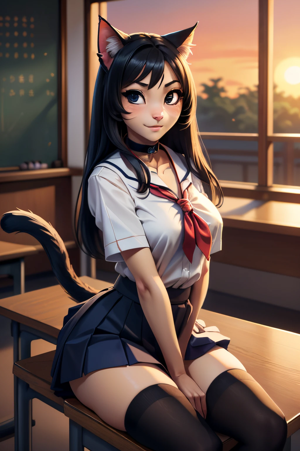 ((ultra quality)), ((tmasterpiece)), Girl-khajiit, Japanese school girl, anthro cat, furry, ((Black long hair)), ((there are only cat ears)), ((There is a cat's long tail in the back)), Beautiful cute face, beautiful female lips, charming beauty, ((Kind expression on his face)), looks at the camera with his eyes slightly closed, ((Skin color: white)), ((there is cat hair on the body)), Body glare, ((detailed beautiful female eyes)), ((kblack eyes)), beautiful female hands, ((perfect female figure)), ideal female body shapes, Beautiful waist, big thighs, Beautiful butt, ((Subtle and beautiful)), seductively leaning against the school desk ((closeup face)), ((Dressed in Japanese school uniform, dark blue skirt, dark blue knee socks, brown shoes, black choker around the neck), background: The Japanese School, Japanese School Class, beautiful sunset outside, ((Depth of field)), ((high quality clear image)), ((crisp details)), ((higly detailed)), Realistic, Professional Photo Session, ((Clear Focus)), ((cartoon)), the anime, NSFW