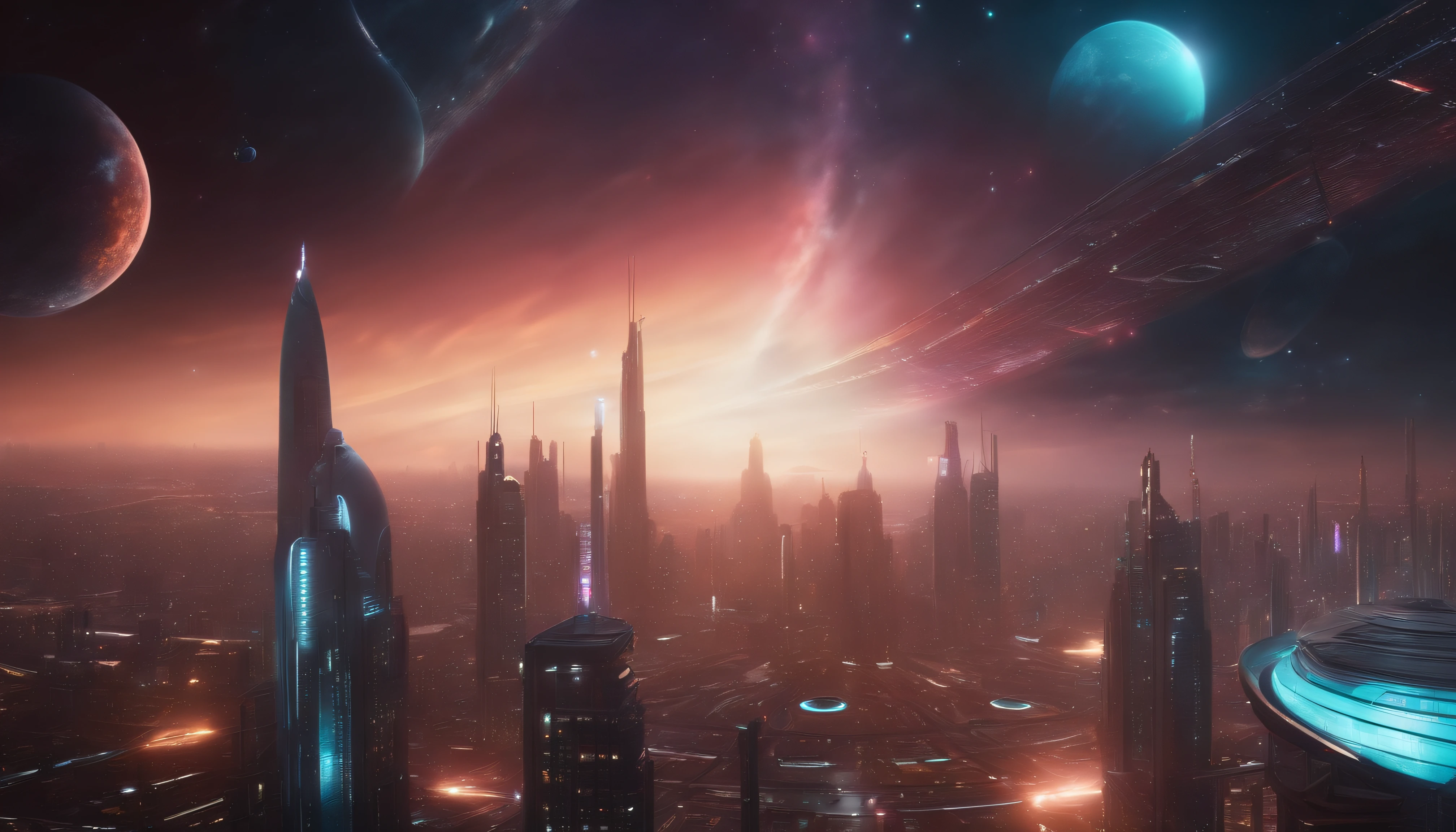 3d rendered, Cyberpunk city background, panoramic macro, ((wide panoramic wallpaper, 4K High Definition, Realistic))sky with planets and stars.