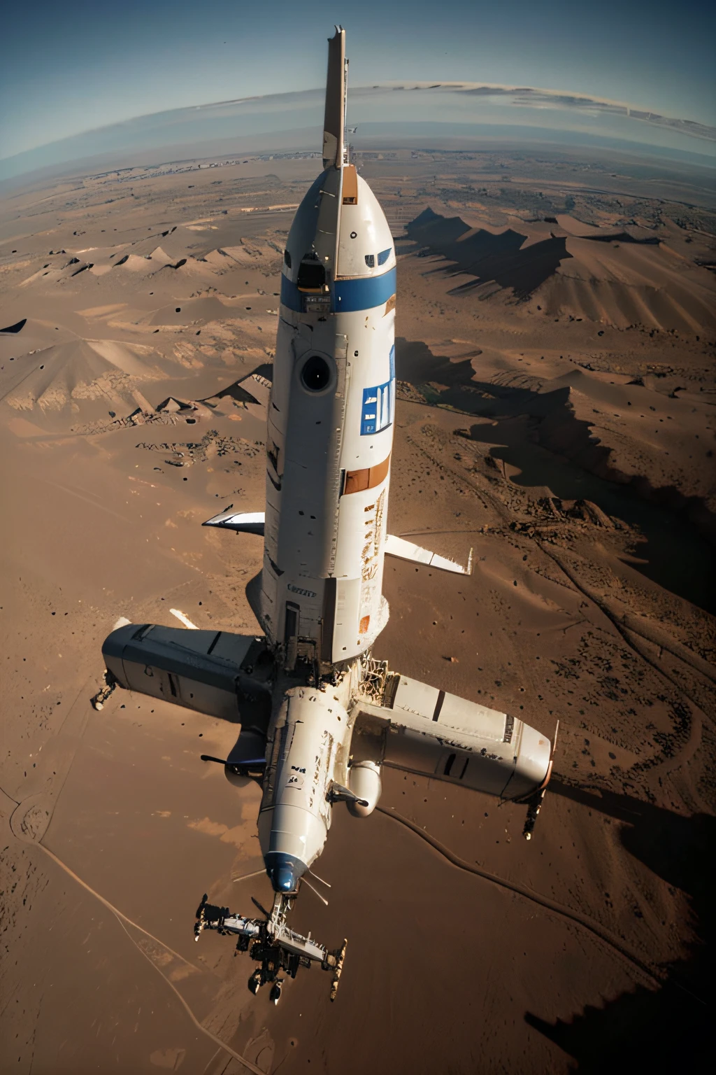 In the sky above Mars, the high-tech aircraft is docking with the space station. The metal texture is strong. The ultra-wide-angle lens makes the picture bright and realistic. The photography effect is